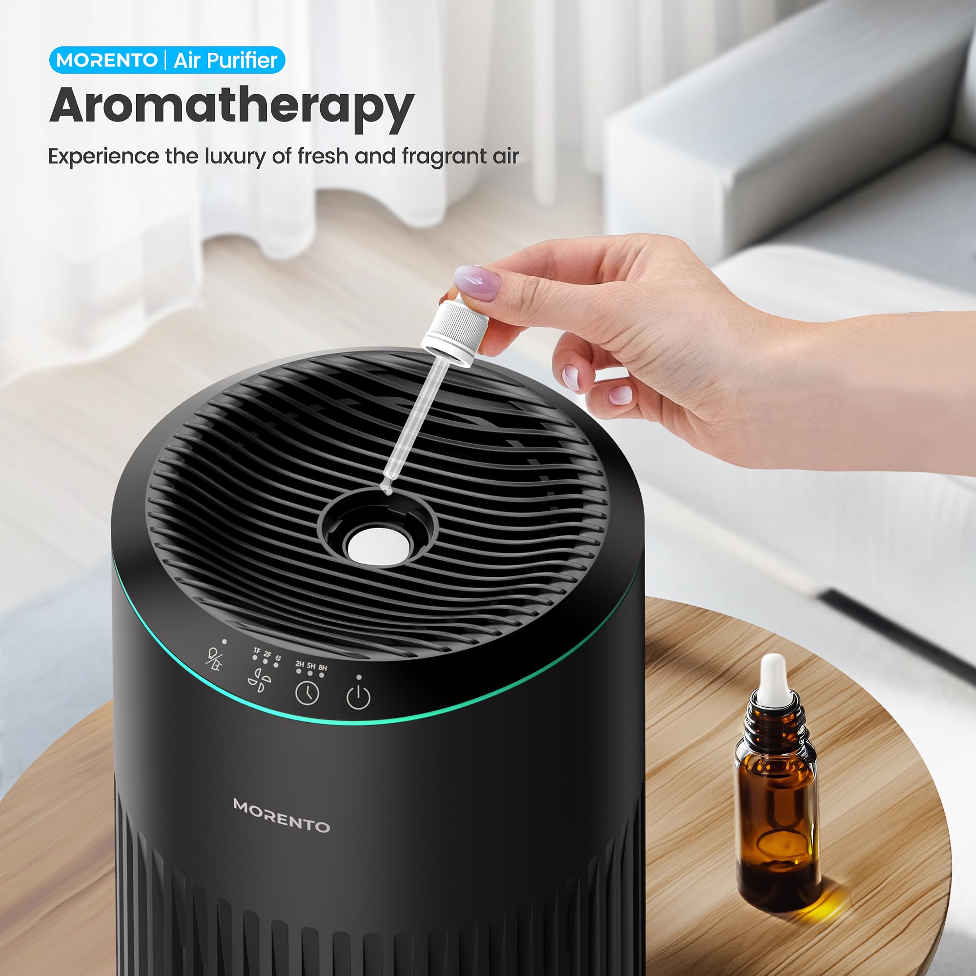MORENTO Air Purifiers for Home, Air Purifier for Smoke Pet Dander Odors with Fragrance Sponge, Small Air Purifier with Sleep Mode for Bedroom Office, Blue Ambient Light, MR2566, Black, 1 Pack+3 Modes