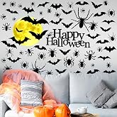 Qeeenar 76 Pcs Halloween Wall Decals Stickers Bats Wall Decor, 6 Sheets | Bat Spider Moon Stickers for Halloween Party, PVC Gothic Wall Decals for Indoor Outdoor Window Door, Creepy DIY Home Decor