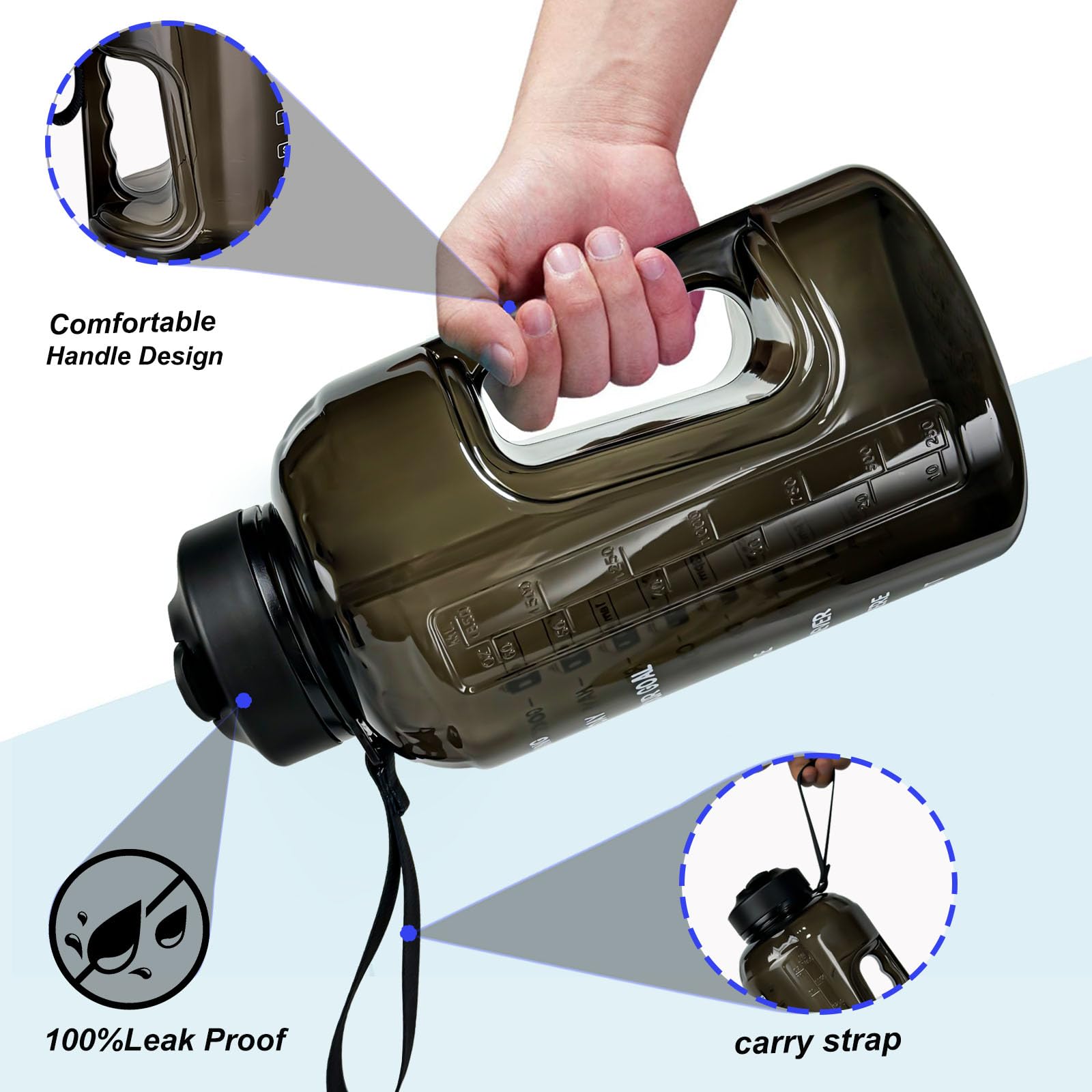 2.2 L Große Motivations-Trinkflasche mit Trinkhalm & Zeitmarkierungen - BPA-frei, auslaufsicher - Täglicher Hydrations-Tracker für Fitnessstudio, Büro, Zuhause & Reisen (Schwarz, 74 oz) (Black) 5