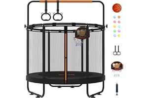 jumpfly 5FT Trampoline for Kids, 60" Toddler Trampoline Indoor with Adjustable Gym Bar, Mini Trampolines for Ages 1-6,Small Trampolines for Baby with Net,Gift for Boys&Girls,BastketBall Hoop