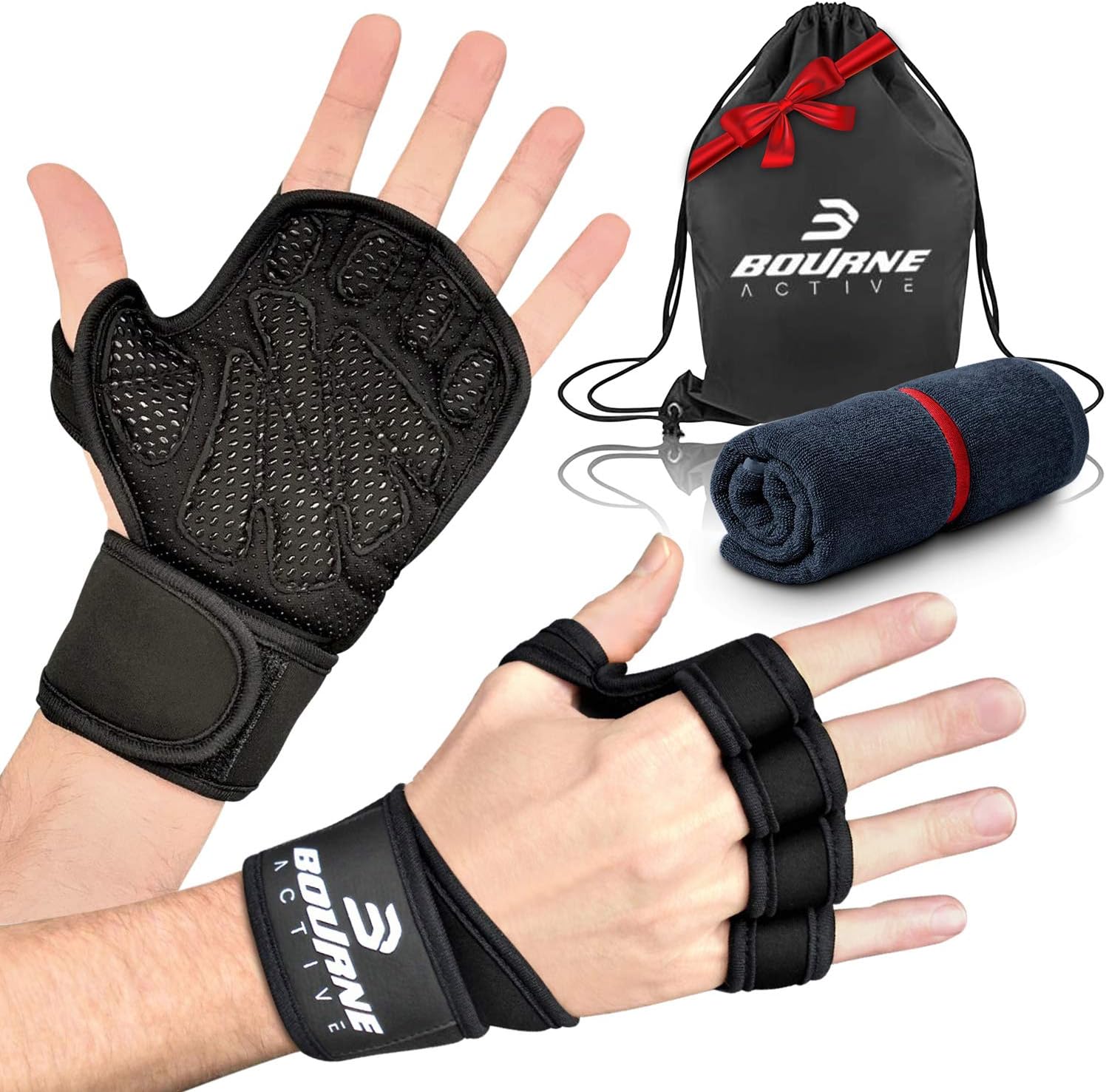Ventilated Weight Lifting Gloves for Fitness Workout, Gym Towel & Carry Bag. Wrist Wrap Support for Weightlifting & Cross Training Fitness. Full Palm Protection Gym Gloves for Men & Women.