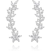 Sterling Silver Flower Leaf Ear Crawler Bridal Earrings Ear Climber for Women, 14k Gold Plated Bride Earrings Wedding Earrings Jewelry for Bridesmaids