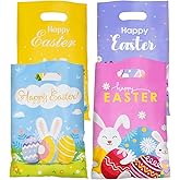 Jocomoni 100Pcs Easter Gift Bag Plastic Treat Bag with Handle Egg Bunny Candy Bags Colorful Goodie Bags for Easter Party Favor Supplies Classroom Gift Exchange