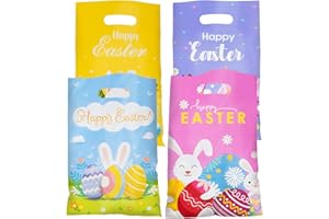 Jocomoni 100Pcs Easter Gift Bag Plastic Treat Bag with Handle Egg Bunny Candy Bags Colorful Goodie Bags for Easter Party Favo