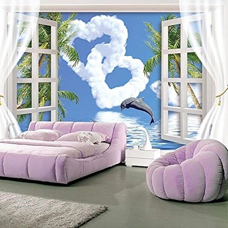 Amazon パーソナライズされたクリエイティブ壁画青い空空雲ジャンプイルカ壁紙3dリビングルームの背景 400x280cm 壁紙