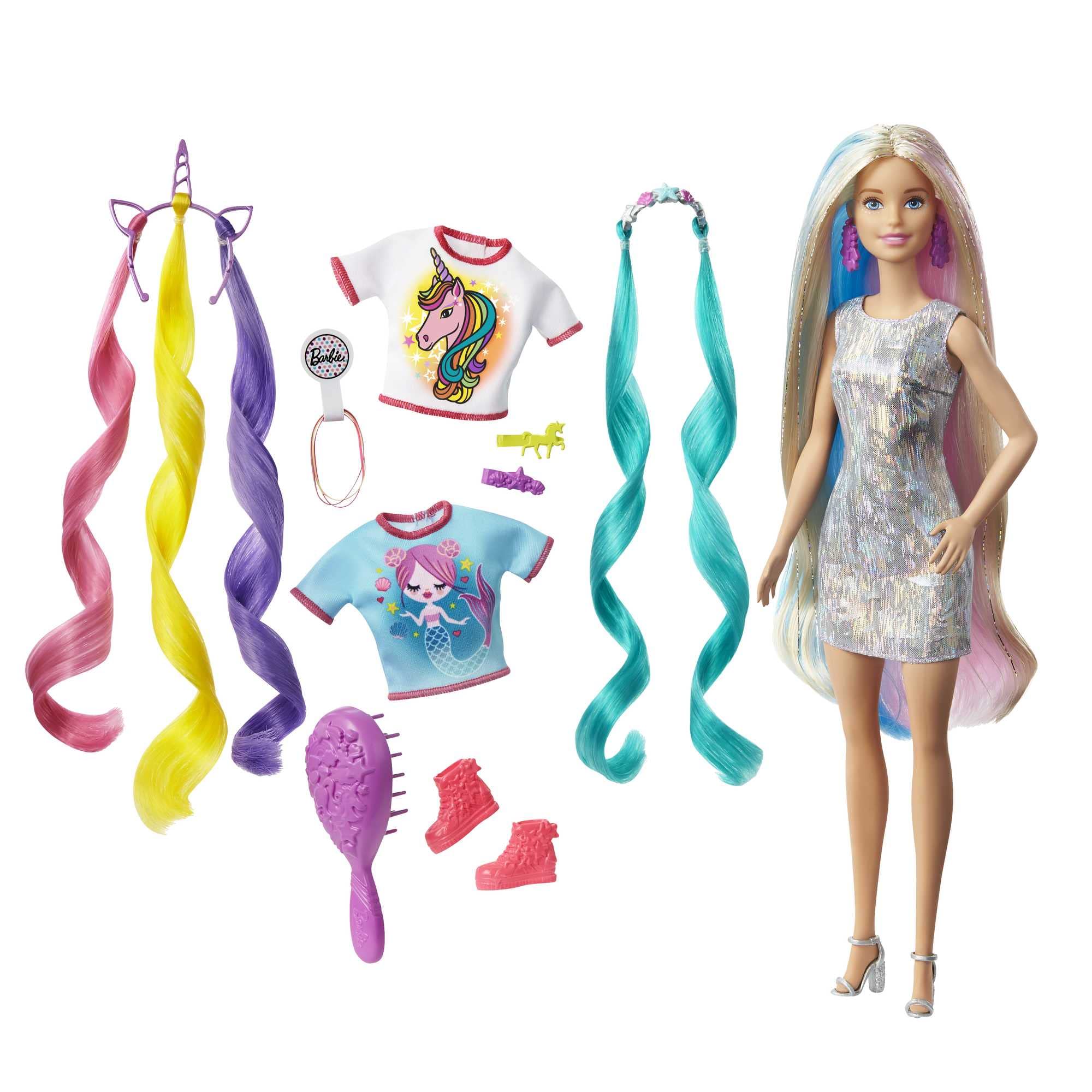 Barbie Fantasy Hair Doll with Colourful Blonde Hair, Unicorn Hair Crown and Mermaid Hair Crown, Doll Accessories, Toys for Ages 5 and Up, One Doll, GHN04