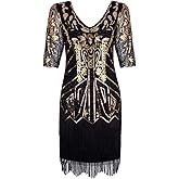 Vijiv Women's 1920s Flapper Dress V Neck Beaded Art Deco Tassel Cocktail Dresses with Sleeves