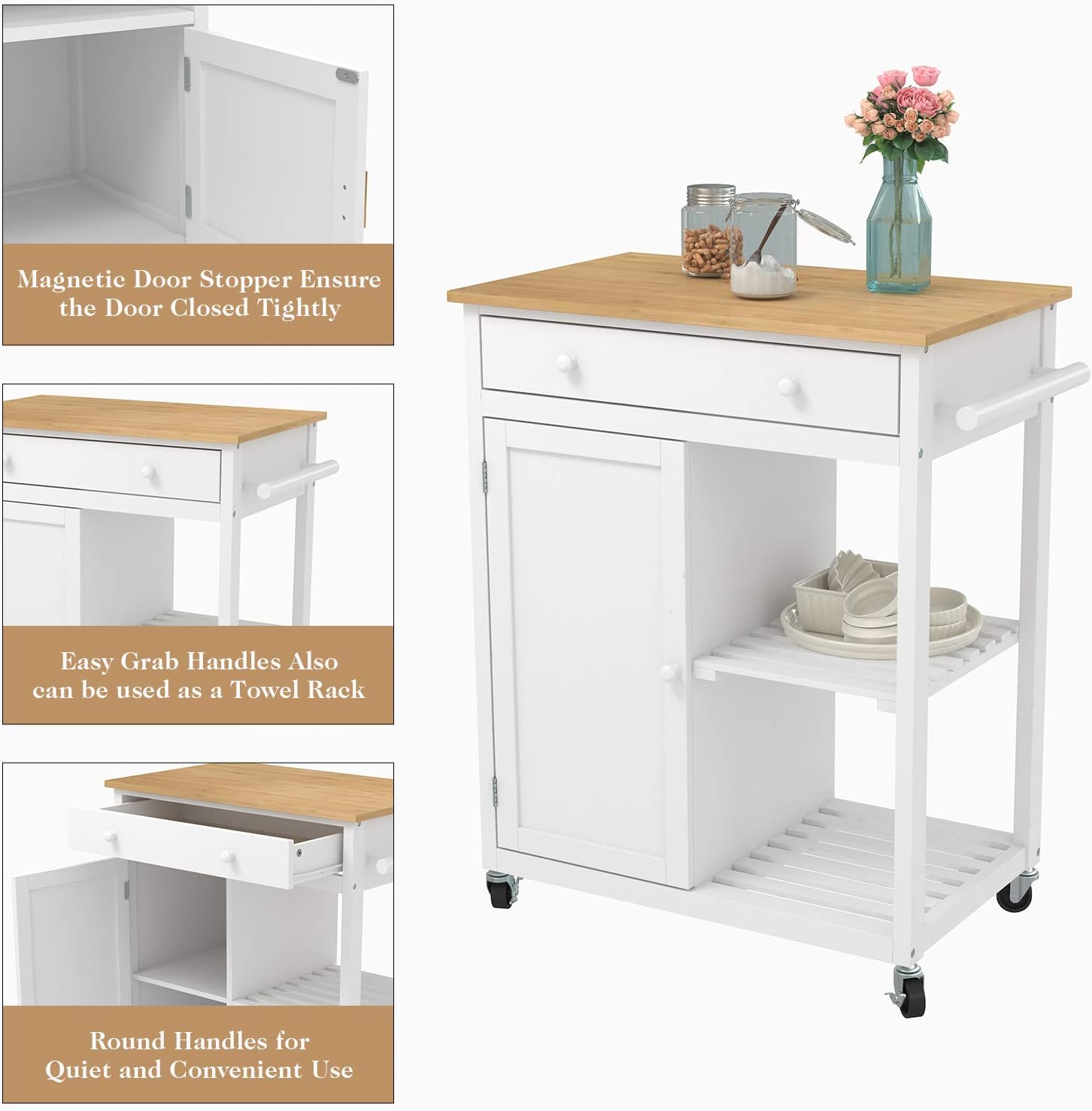 Mecor Kitchen Island Cart w/Wood Top, Rolling Utility Trolley on Wheels with Storage Drawer, Shelves and Cabinet (White) - Kitchen Islands & Carts