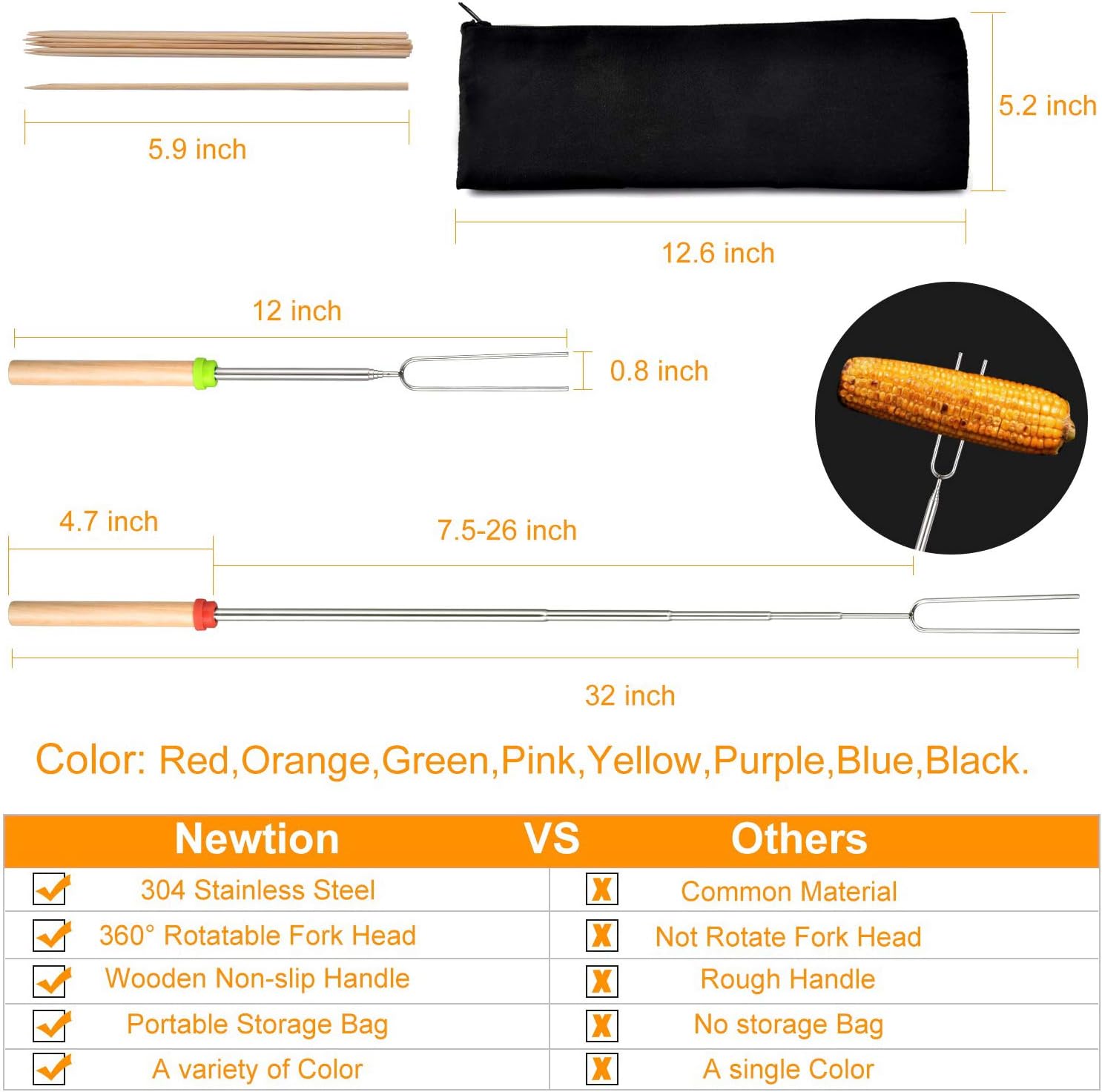 Newtion 8 PCS 32" Extendable BBQ Forks - Marshmallow Roasting Sticks with Wooden Handle, Telescoping Smores Skewers for Campfire Firepit : Garden & Outdoor