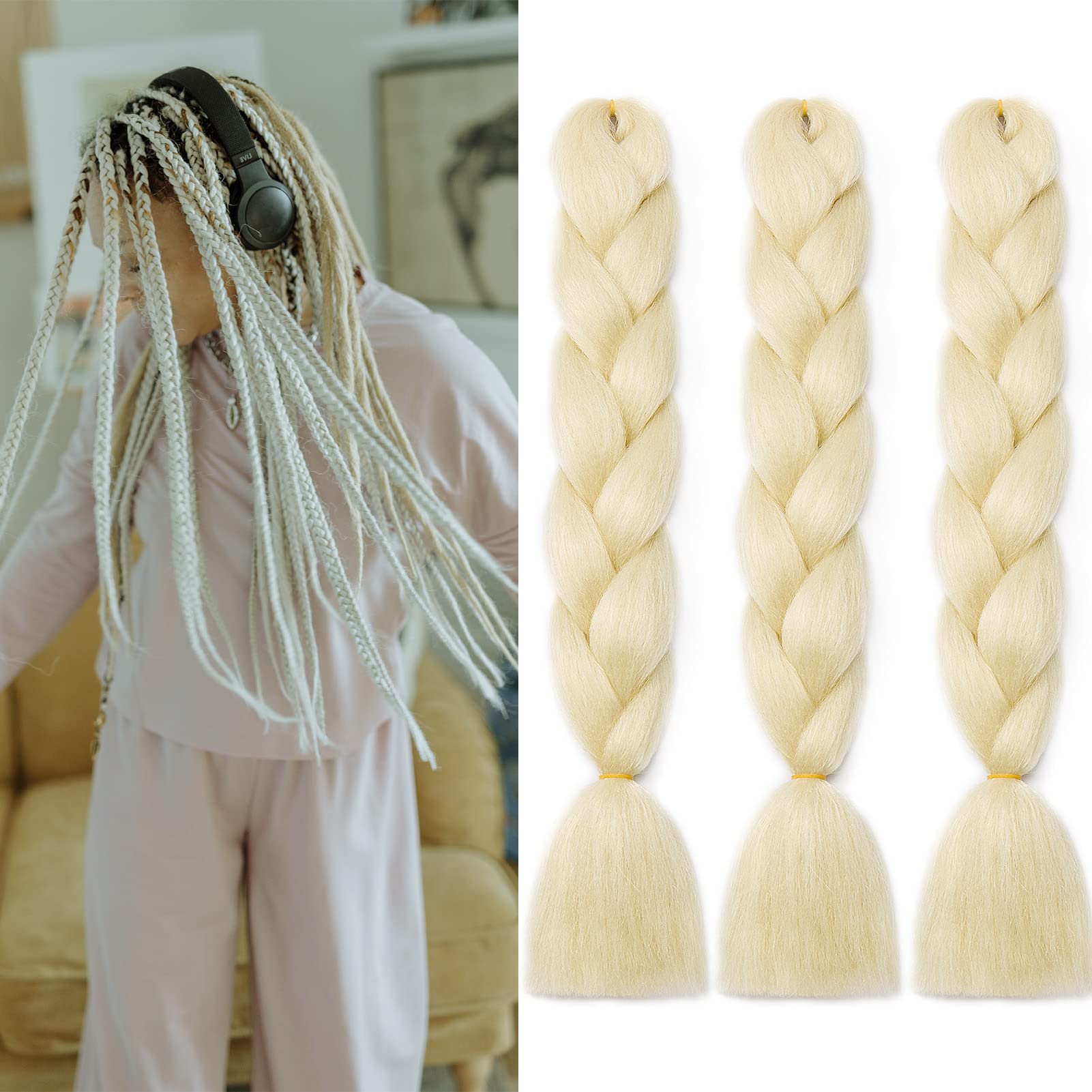 Gairyan Braiding Hair Extensions Ombre Jumbo Braids Synthetic Hair 3 Packs 24 inches 300g Coloured Hair for Braiding Extensions Box Braids Crochet Twist (Bleach Blonde) โ image 1