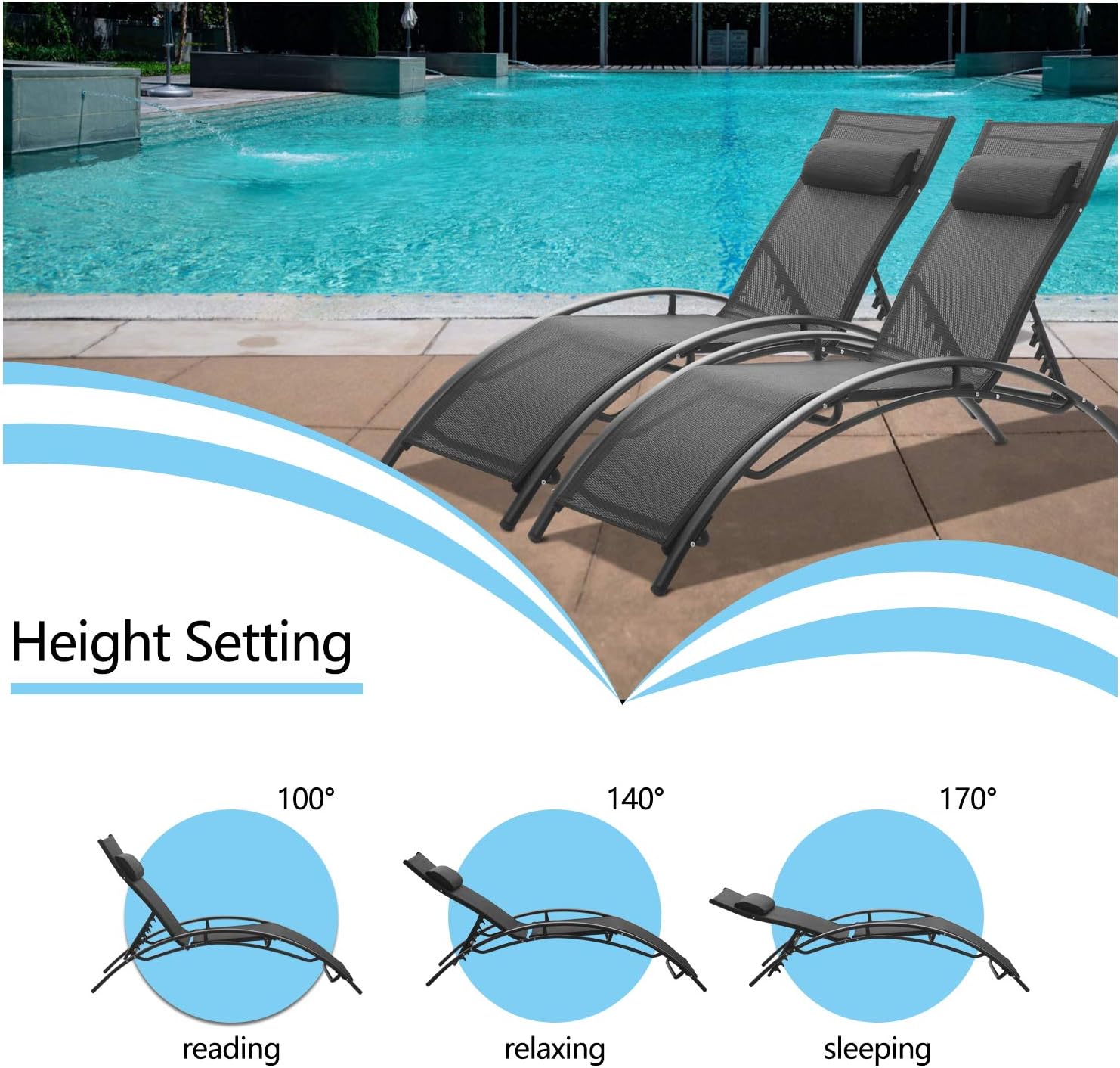 Patio Lounge Chairs Outdoor Pool Chaise Lounges Adjustable for All Weather for Beach Backyard（2-Pack Black: Kitchen & Dining