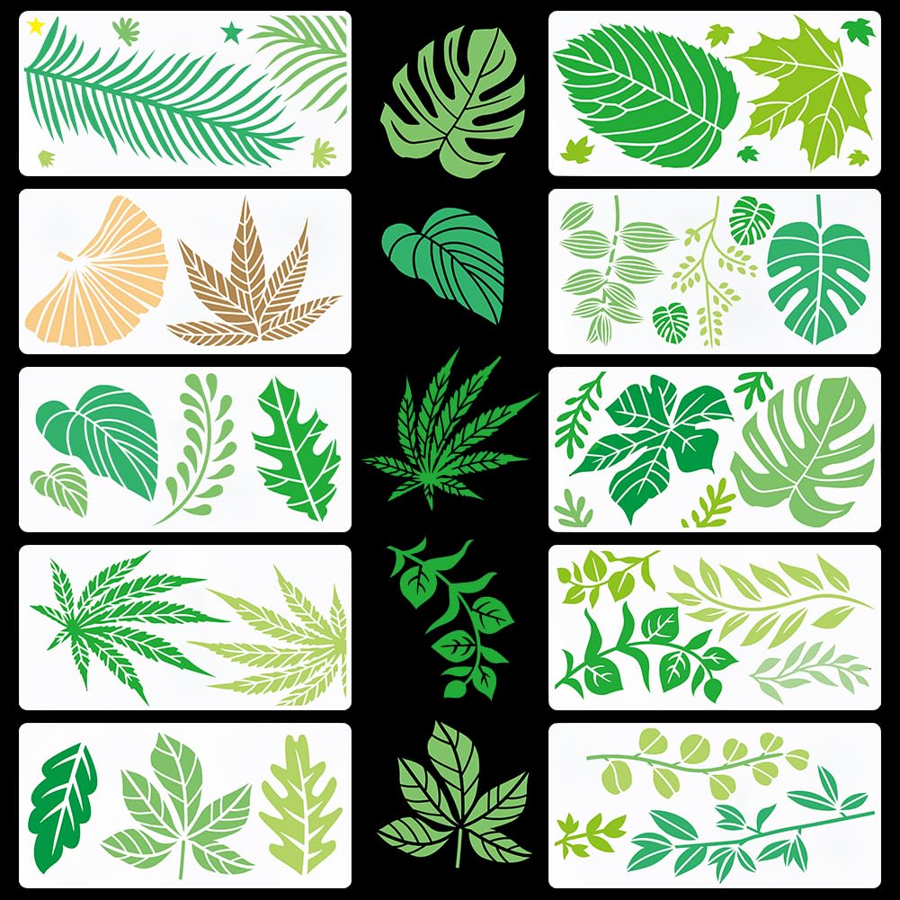 GORGECRAFT 10PCS 30x15cm Maple Leaves Stencils Large Tropical Monstera Turtle Leaves Template Palm Eucalyptus Holly Botanical Foliage Stencils for Painting on Wood Wall Furniture Canvas Home DIY Decor