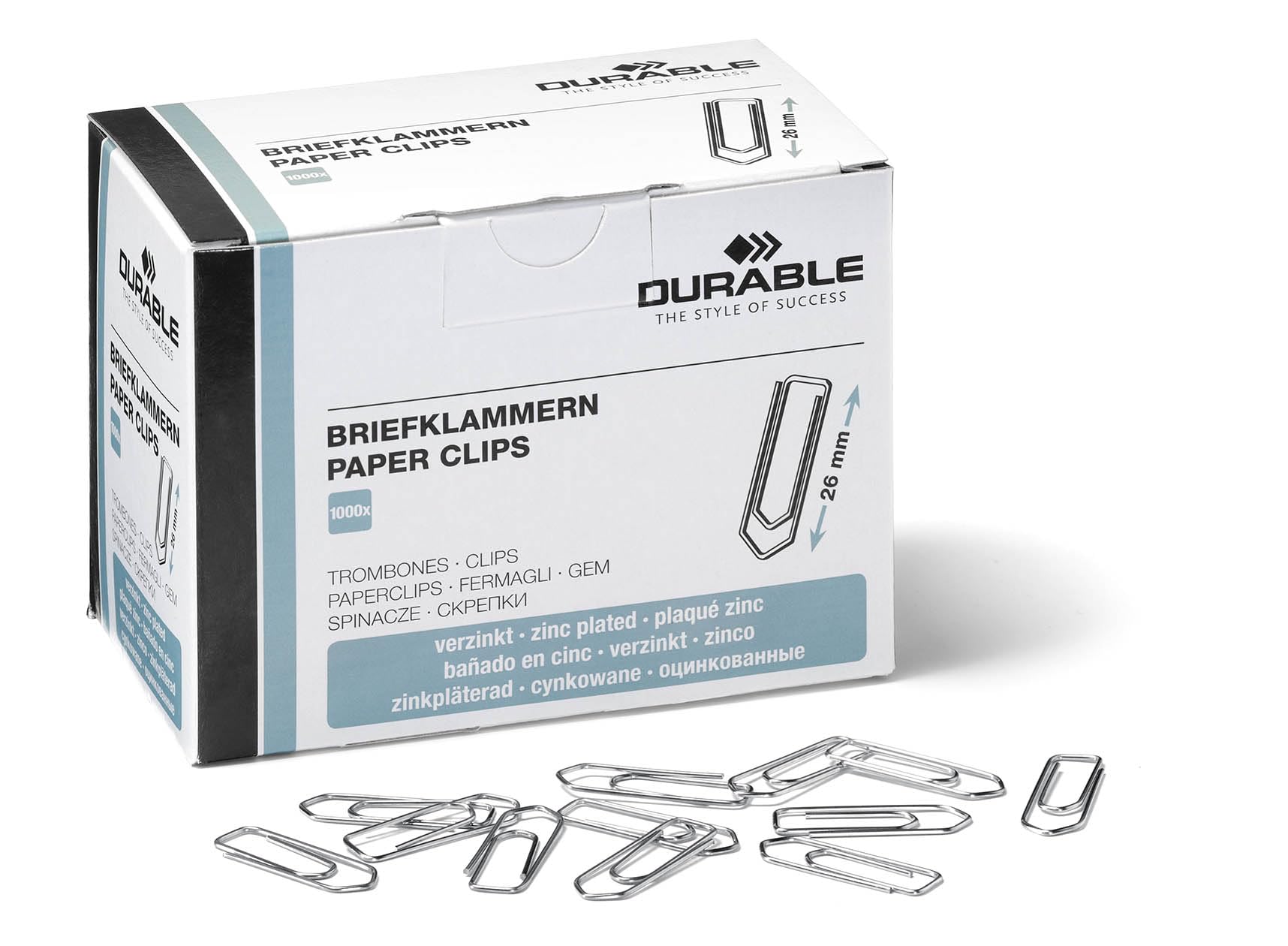 DURABLE Paper Clips 26 mm Zinc Plated - Box of 1000 Clips - For Keeping Important Documents Safely Together