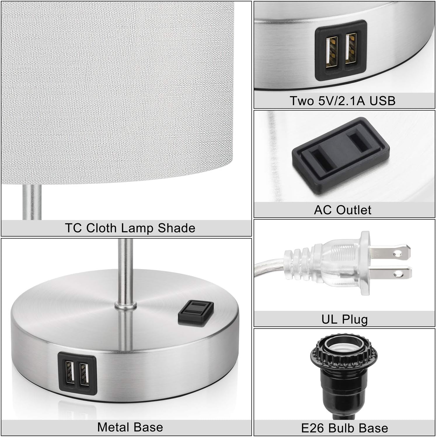 Touch Control Table Lamp, 3 Way Dimmable Bedside Desk Lamp with 2 Fast USB Charging Ports and AC Outlet, Nightstand Lamp for Bedroom Living Room, Modern Office Lamp, Silver Base, 60W LED Bulb Included: Home Improvement