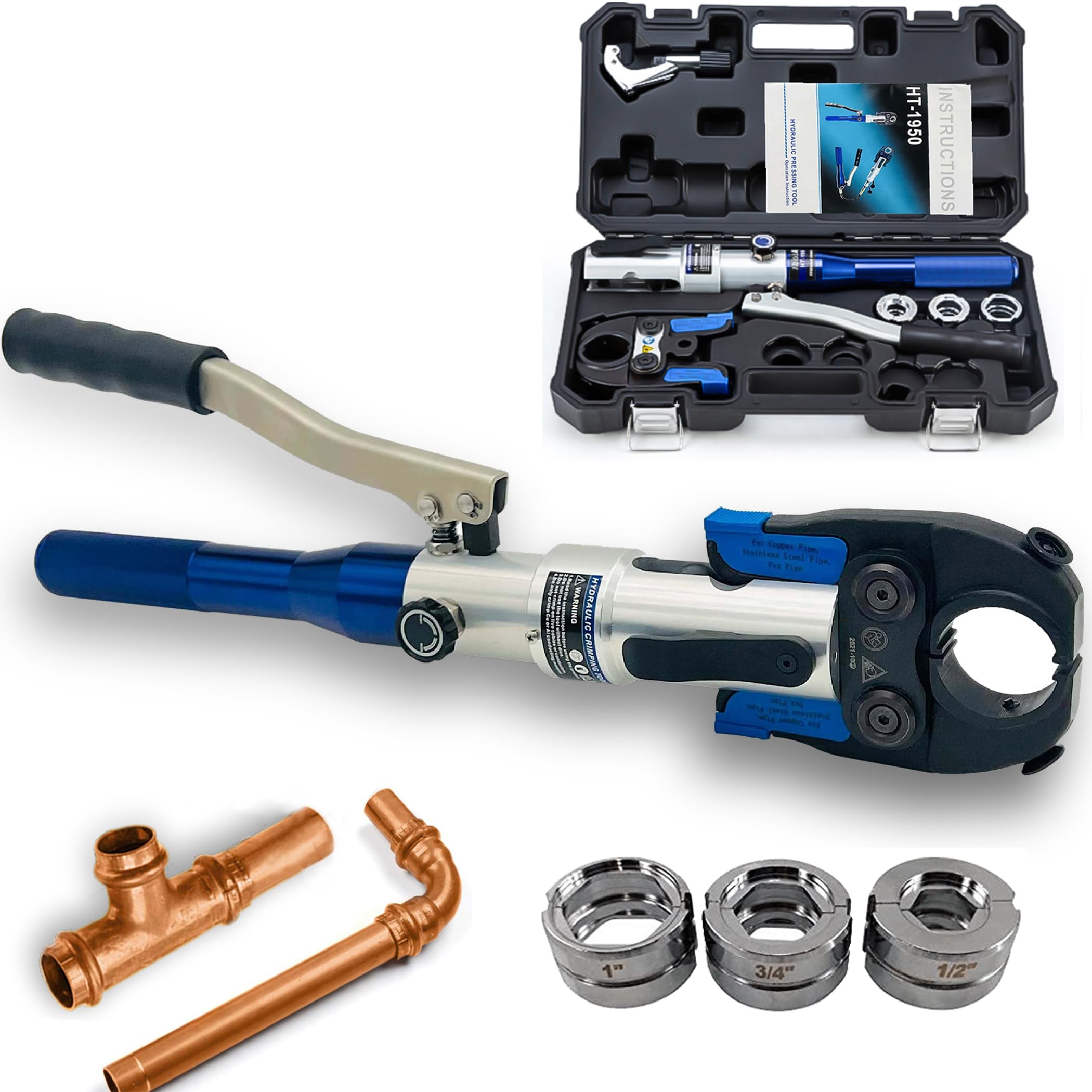 Photo 1 of Bangoo Copper Press Tool Propress Tool Copper Pipe Crimping Tool for 1/2"",3/4"" and 1 inch for Viega ProPress Copper Fittings (HT-1950), Silver Blue