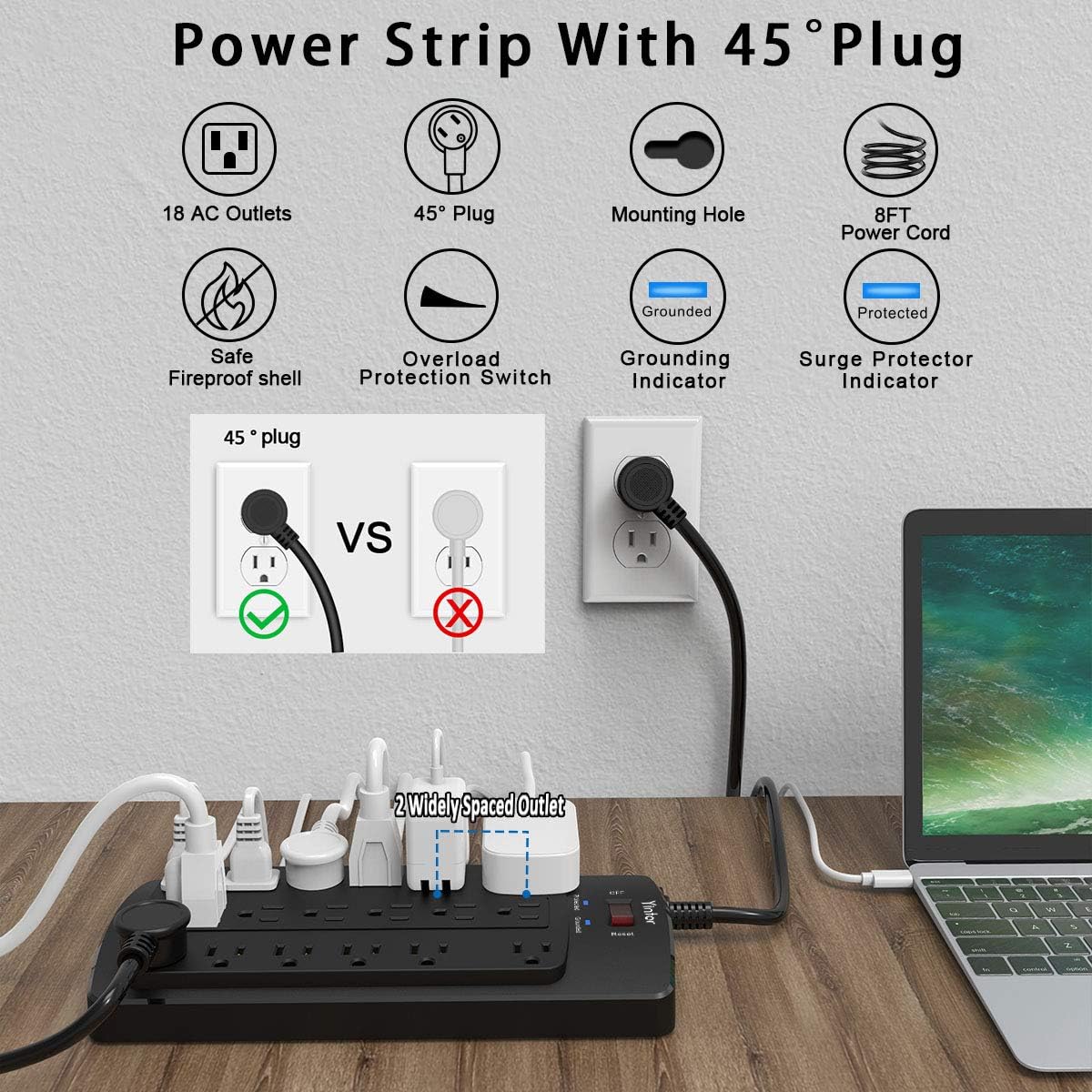 Power Strip, Yintar Surge Protector with 18 AC Outlets, 8 Feet Flat Plug Extension Cord (1875W/15A) for for Home, Office, Dorm Essentials, 2100 Joules, ETL Listed, Black: Home Improvement