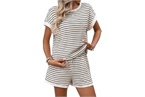 Two Piece Sets for Women Summer Lounge Striped Set Short Sleeve Crew Neck Tops and Shorts Loose Fashion Sweatsuit