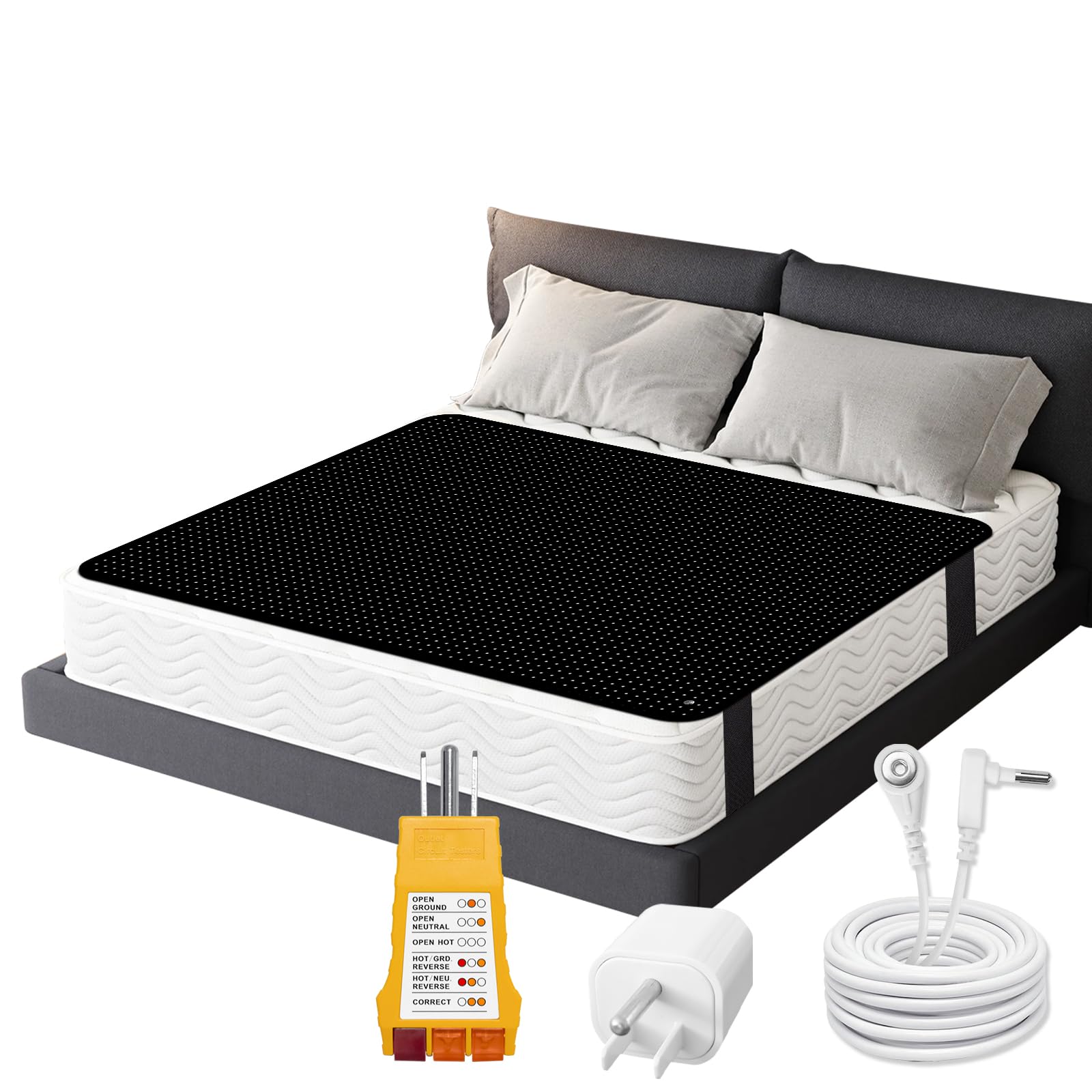 Photo 1 of XINHUSU Grounding Mat for Bed, Conductive Carbon Fiber PU Leather Grounding Mattress Pad 54"x78" with Outlet Tester,Adapter,Cord