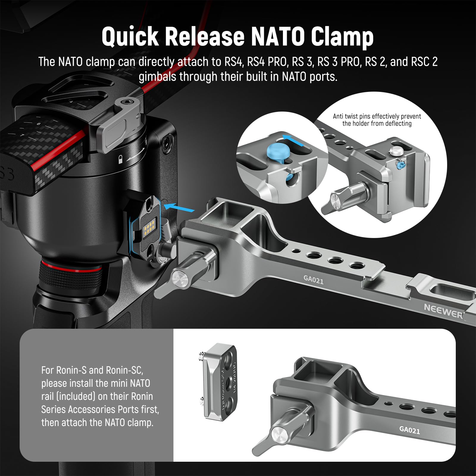 NEEWER NATO Monitor Mount for RS Gimbal, 360° Rotatable Field Monitor Holder with NATO Clamp, Cold Shoe, 1/4