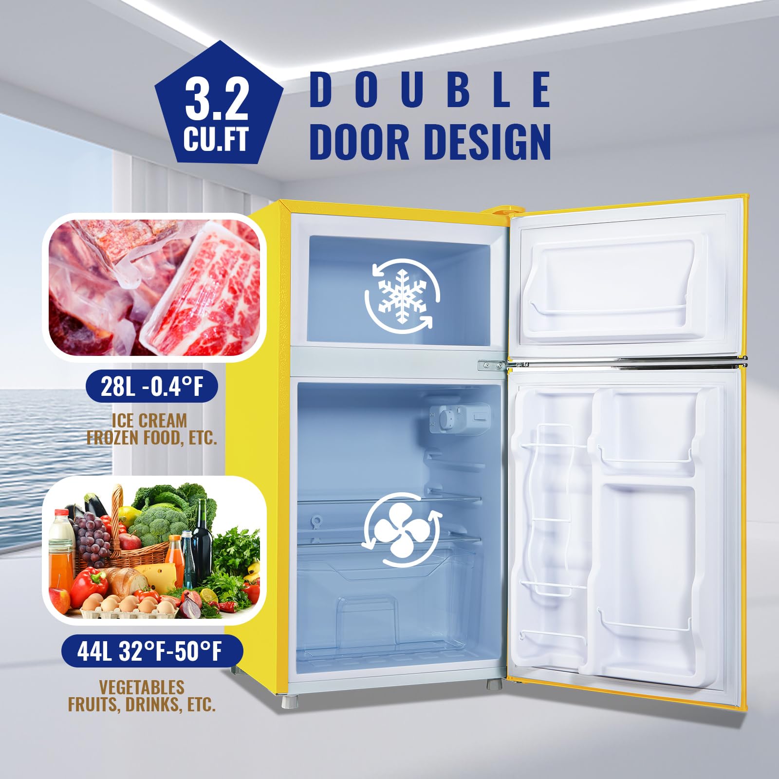 WANAI Compact Mini Refrigerator 3.5 Cu.Ft Small Refrigerator with Freezer, Retro Mini Fridge with Dual Door,7 Adjustable Thermostat, Adjustable Shelves For Dorm, Office Bedroom, Yellow