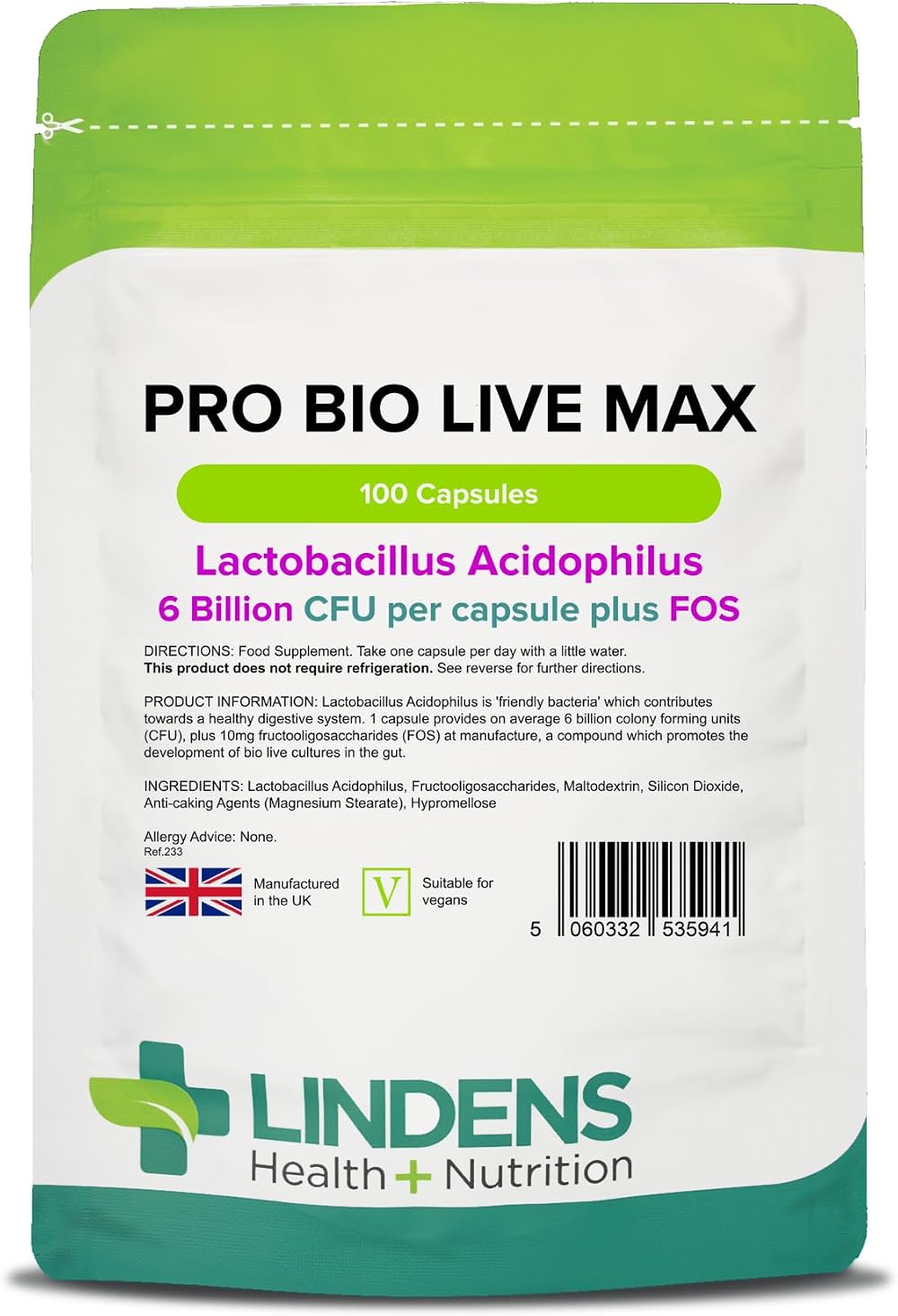 Lindens Pro Bio Live Max 6 Billion CFU Capsules 100 Vegan UK Made