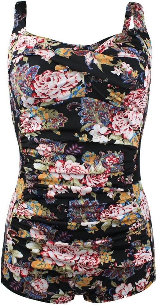 Women's Vintage Floral Print Halter One Piece Boyleg Swimwear Swimsuit,Black Peony,3X-Large (US 12-14)