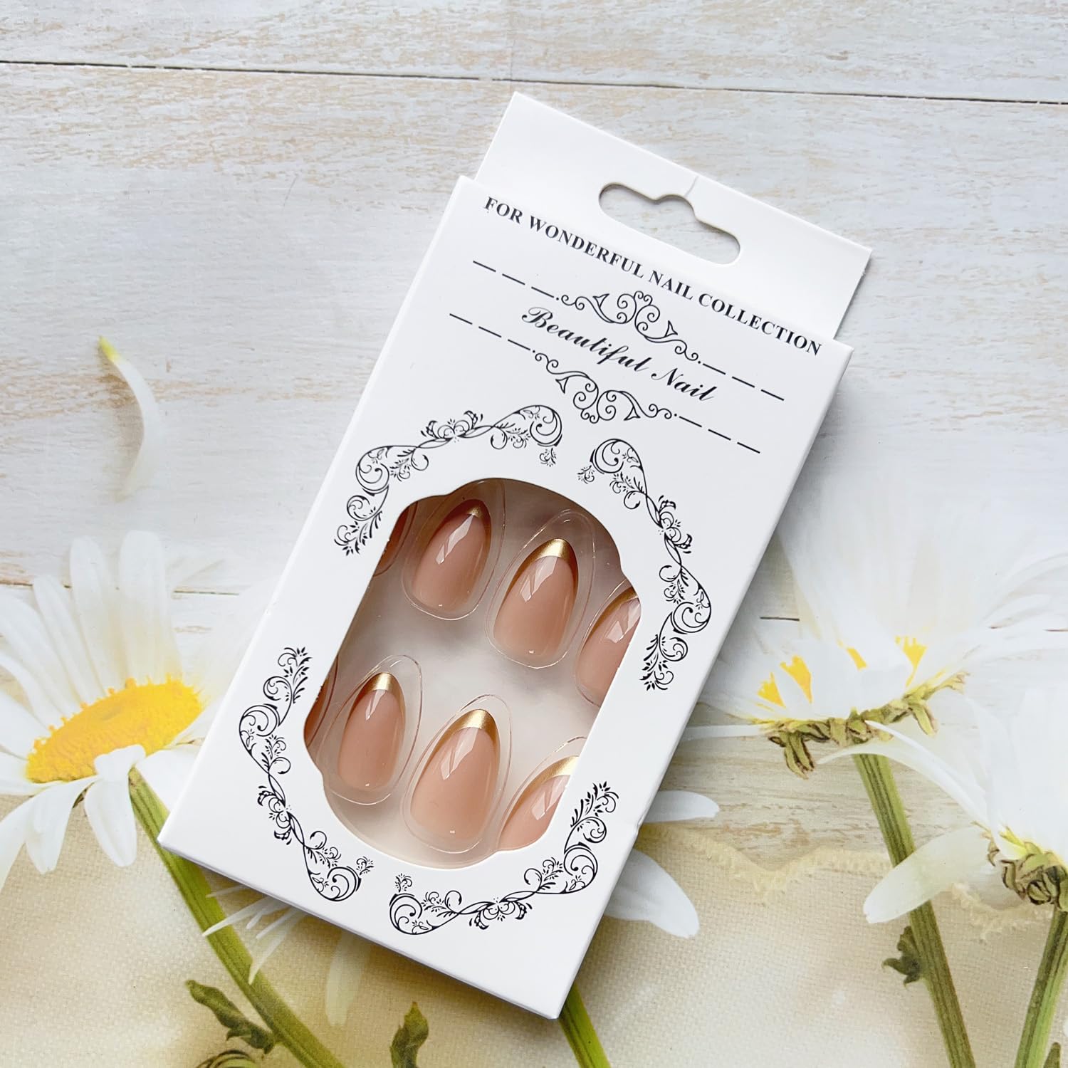 LPOODDNU French Tip Press on Nails Almond Fake Nails Medium False Nails with Gold Tips Design Glue on Nails Glossy Pink Acrylic Nails Press ons Full Cover Stick on Nails for Women Manicure 24Pcs - Image 6