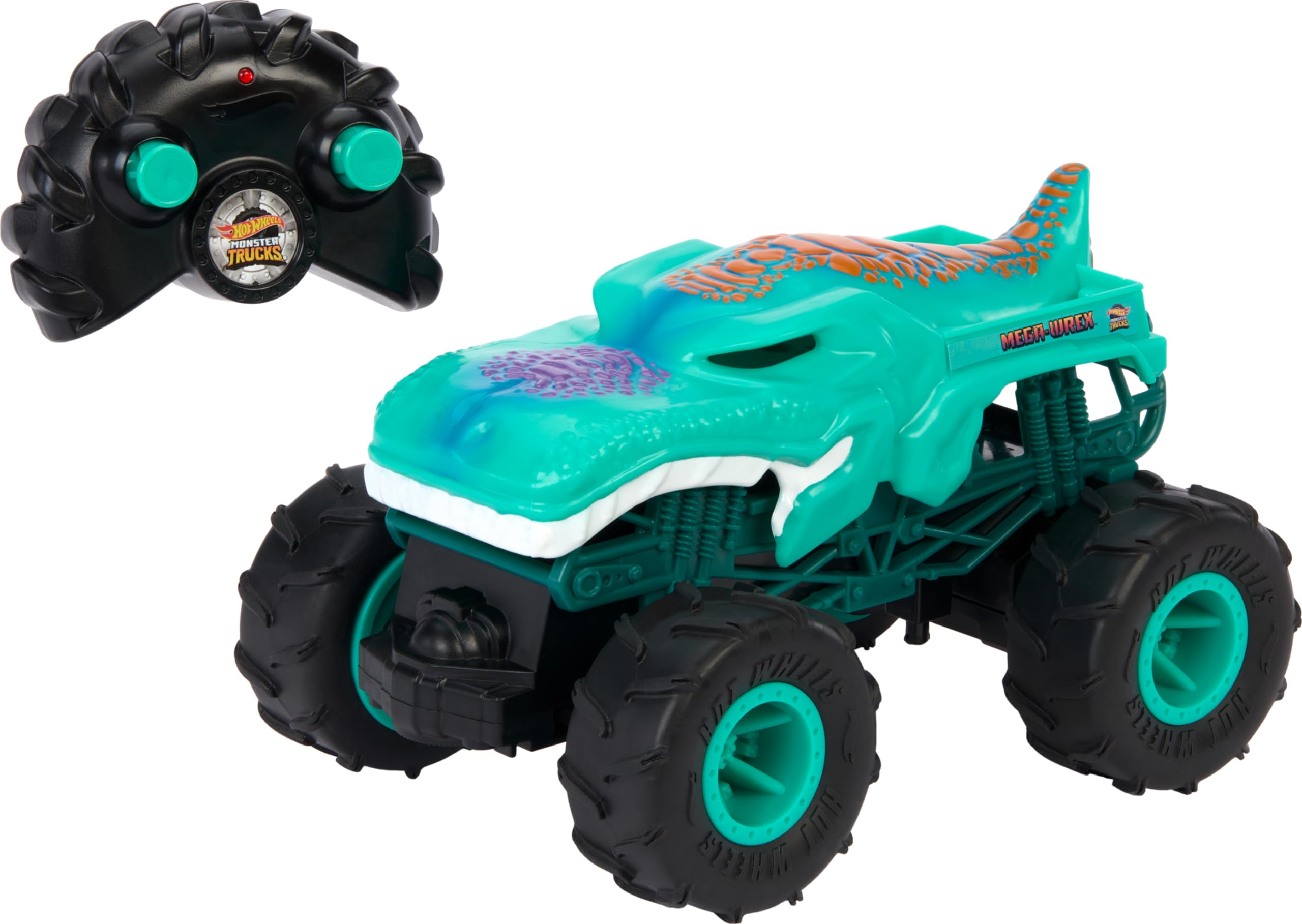 Photo 1 of Hot Wheels Monster Trucks Toy RC, Remote-Control Mega-Wrex in 1:24 Scale with All-Terrain Tires, Performs Wheelies