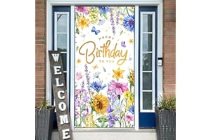 Happy Birthday Door Cover 72x35 Inch, Watercolor Floral Sunflowers and Butterflies Background, Spring Garden Theme Party Deco