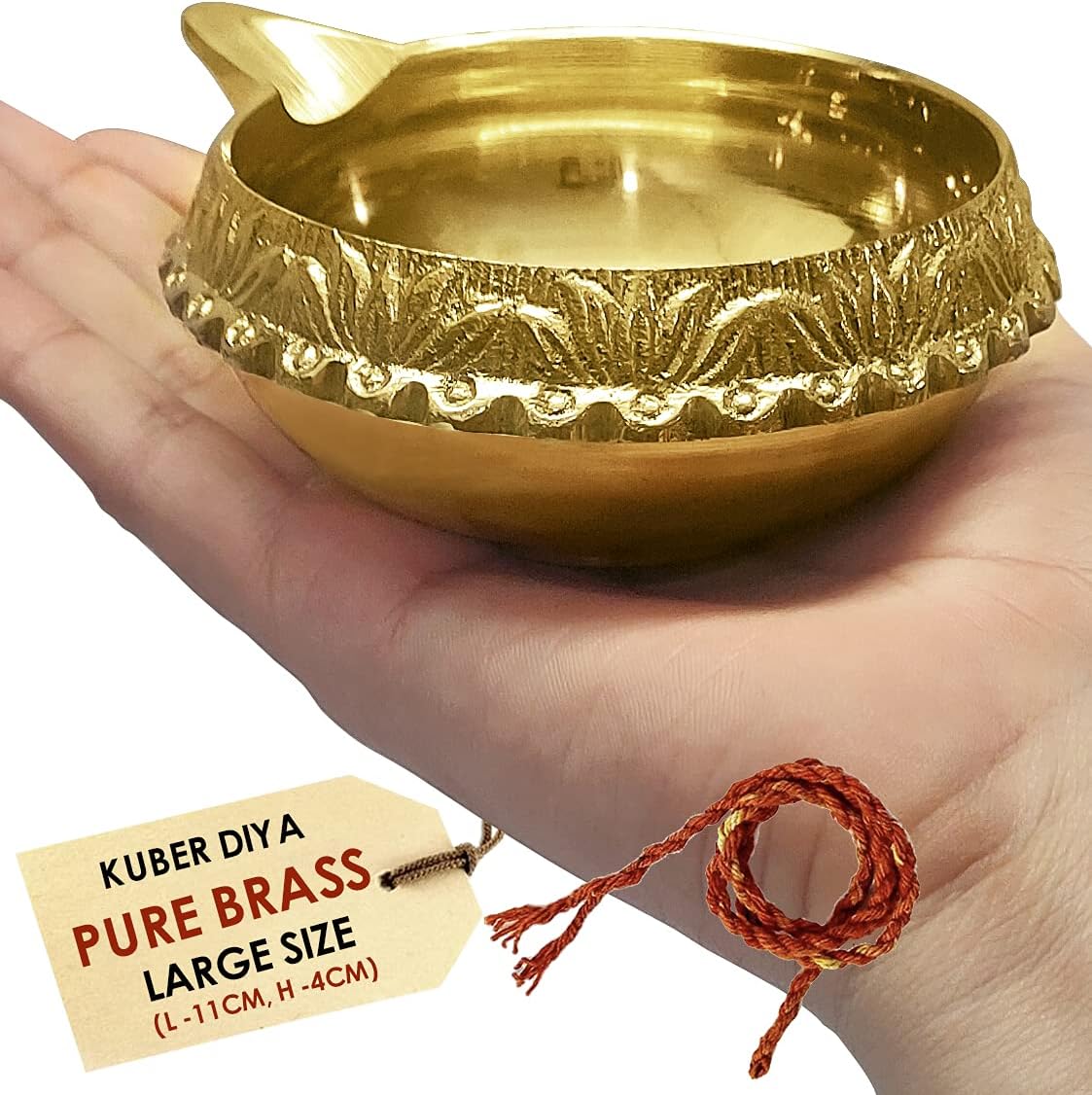 Oil Lamps & Accessories - SATVIK Kuber Brass Aarti Diya with 16 Inch Red Akhand Jyoti for Puja Jyot Oil Lamp Festive Diwali Mandir Temple Aarti Pooja Dia with Akhand Jyot Red Wick Housewarming Return Gifts Item (Large)