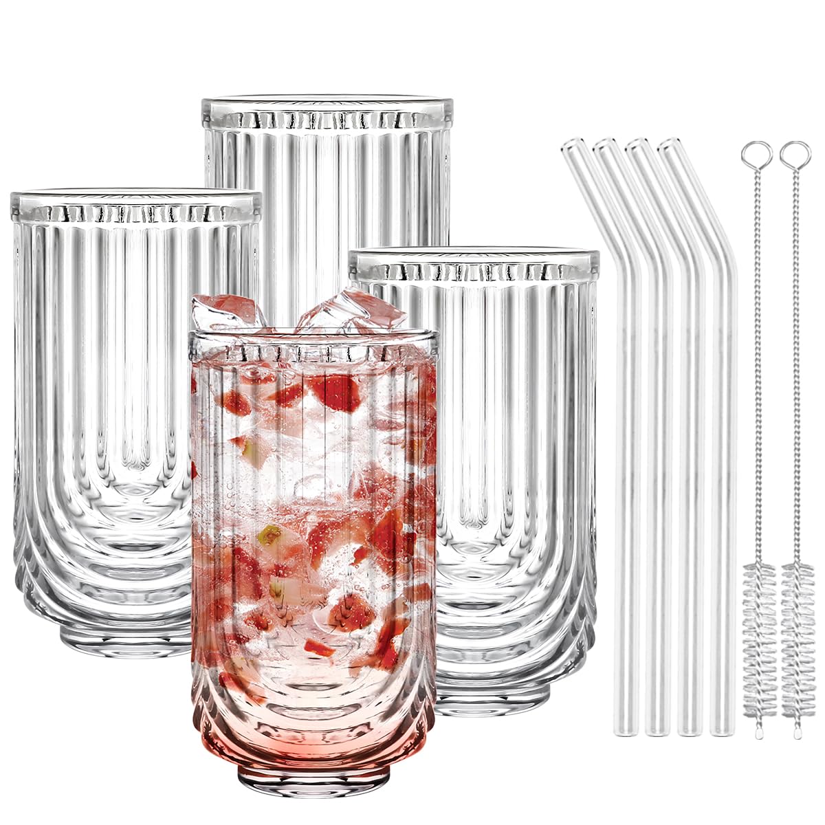 Quyimy Art Deco Glasses Set of 4, Vintage Drinking Glasses Trendy Ripple Glass, Cocktail Glasses with Glass Straw and Brush, Highball Glasses for Whiskey, Beer, Juice, Water, 410ml/14oz
