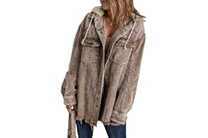 Dokotoo Womens 2024 Fall Corduroy Shacket Jacket Long Sleeve Button Down Color Block Hooded Coat with Pockets