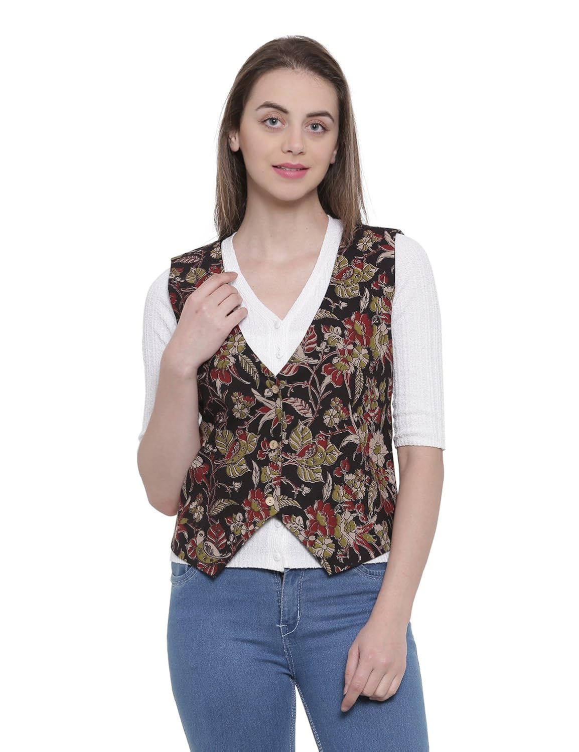 soochirang women's kalamkari hand block sleeveless pure cotton short waist coat