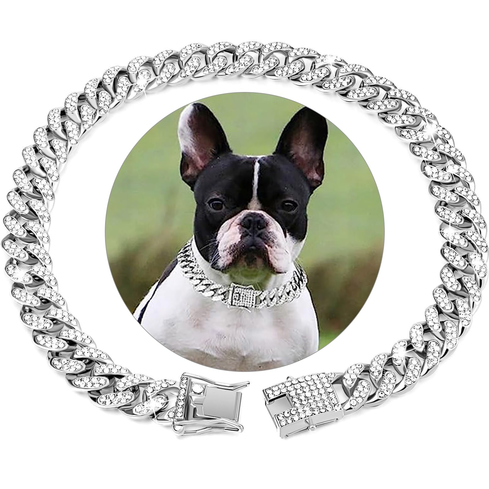 HIAOCEEY Silver Dog Chain Diamond Cuban Collars Walking Silver Metal Chain Collar with Design Secure Buckle,Pet Cuban Crystal Jewelry Collar Necklace Accessories for Dogs Cats(Silver,16inch)