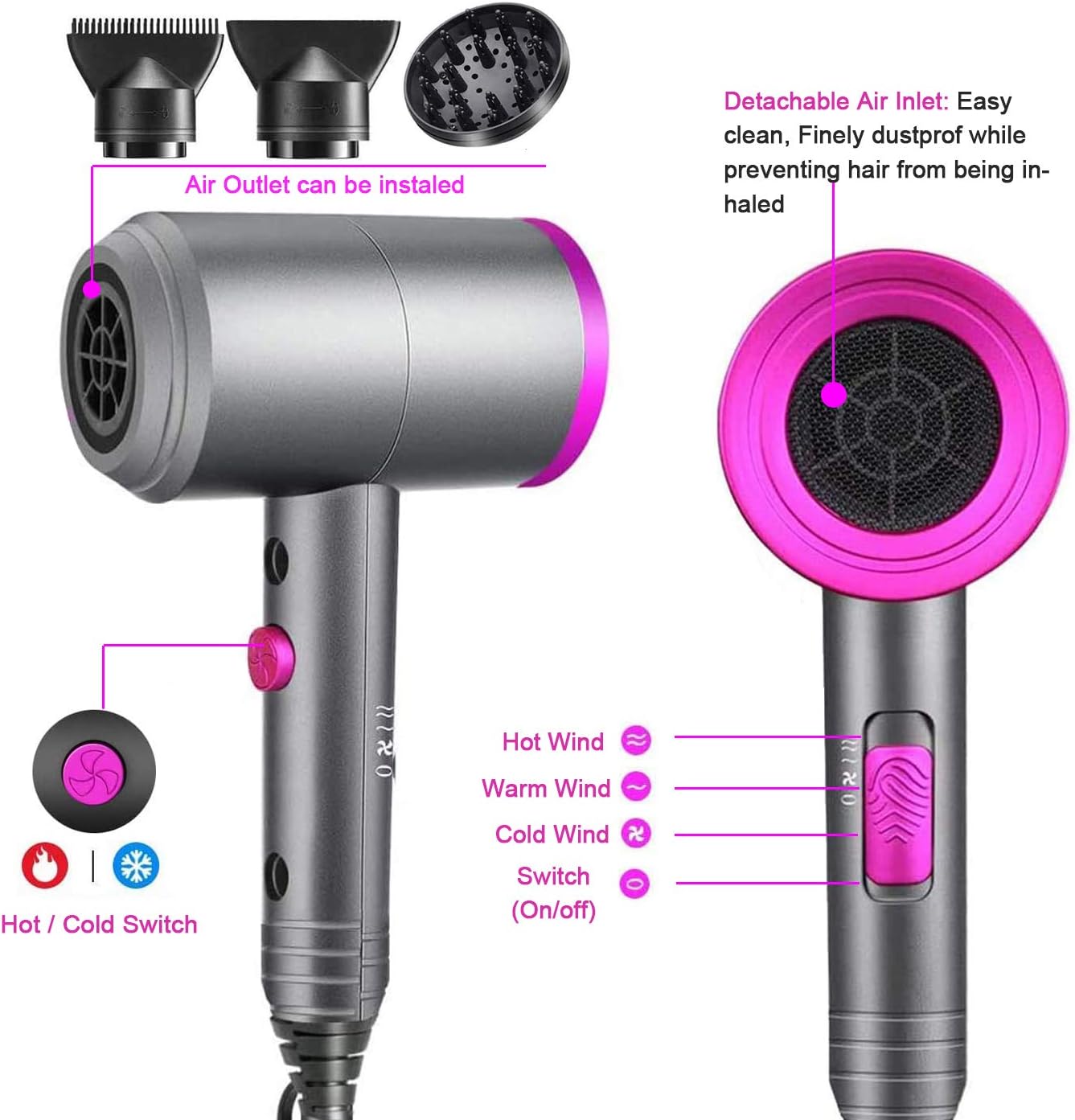 Ionic Hair Dryer, 1800W Professional Blow Dryer with Diffuser, Fast Drying Negative Ion Hairdryer, 3 Heat/2 Speed/Powerful AC Motor Blow Dryer, 2 Nozzles &1 Diffuser for Women Man Kids Hair Care: Health & Personal Care