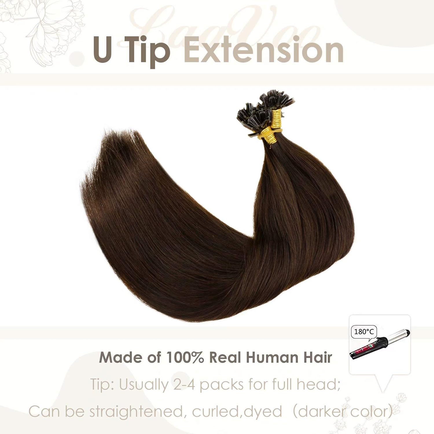LaaVoo U Tip Hair Extensions Real Human Hair Brown, Remy Straight Darkest Brown Real Hair Extensions - Image 4