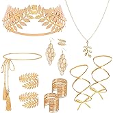 Pistha 11 Pcs Greek Goddess Costume Accessories for Women Golden Leaf Crown Arm Cuff Bracelets Leaf Ring Earrings Necklace Waist Belt for Halloween