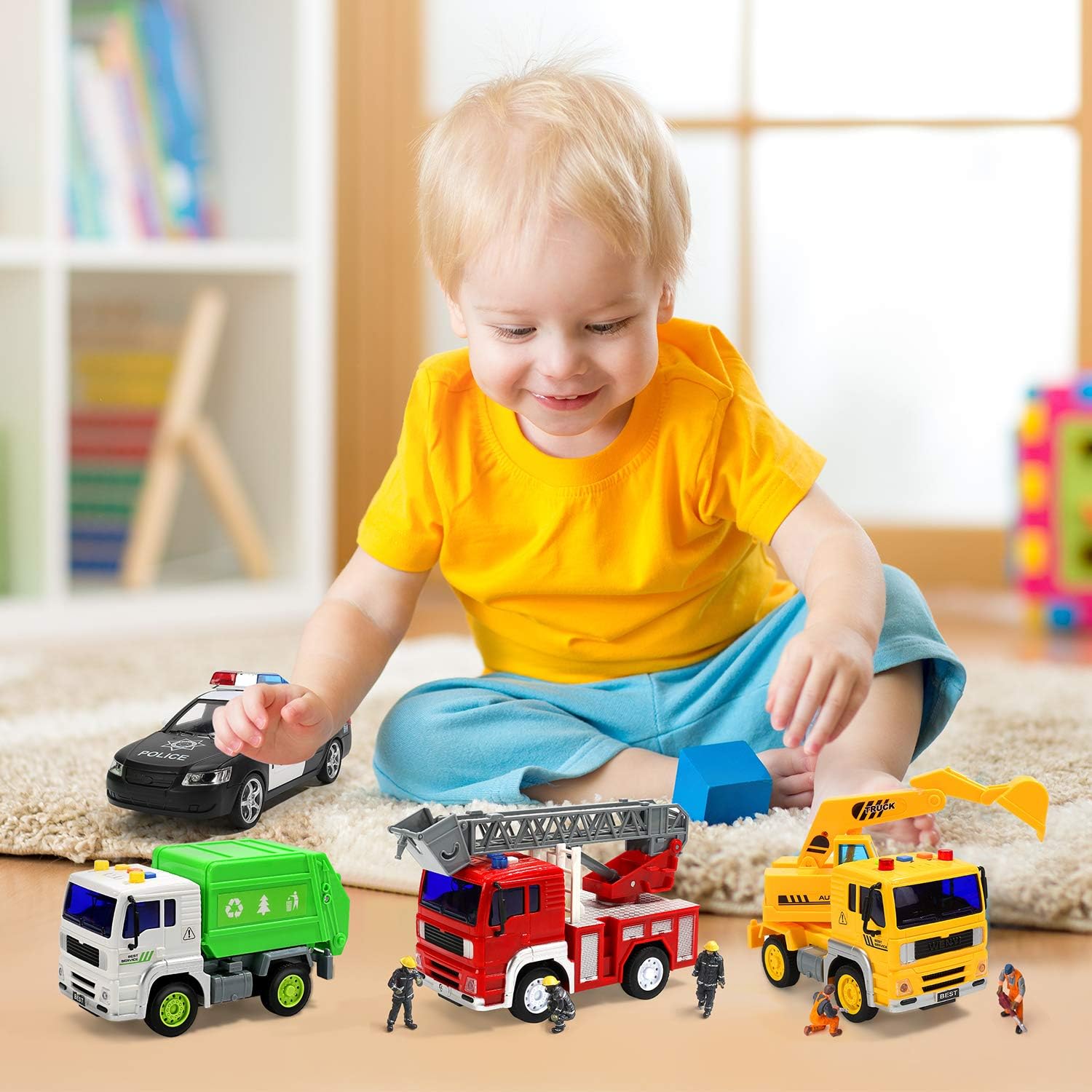 Fire Truck, Construction Truck, Police Car and Garbage Truck with Sound and Light, Pull Back Cars Push and Go Cars Friction Powered Play Vehicles for Toddler Boys and Girls: Toys & Games