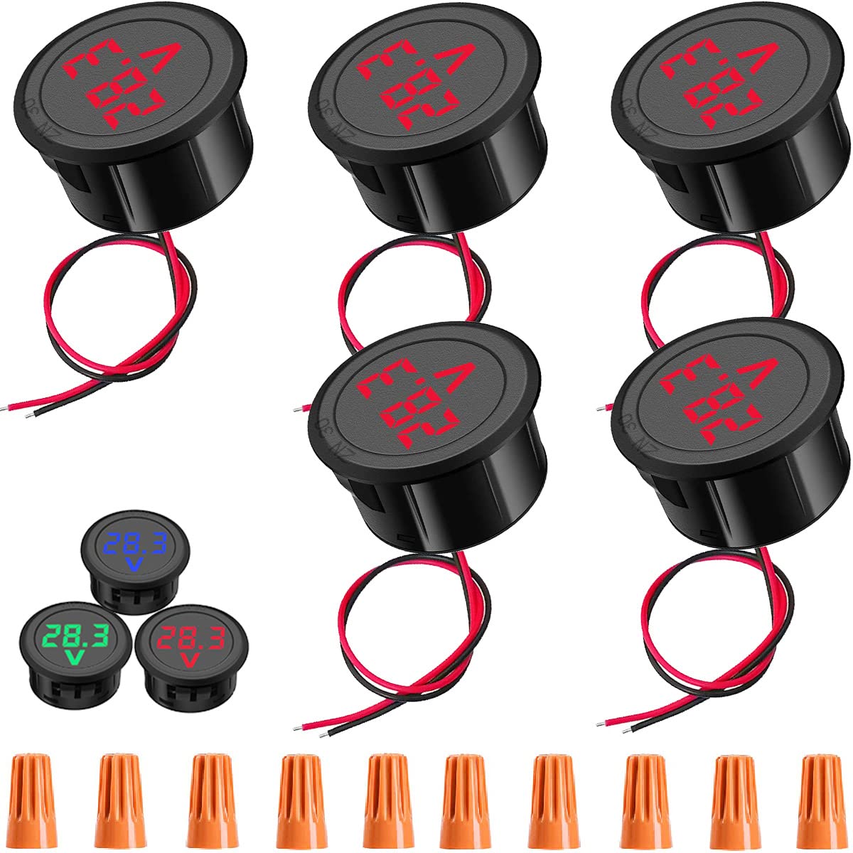 Youmile 5 pcs DC 5-100V Digital Voltmeter LED Digital Display Auto Voltmeter Car Voltage Detector Tester Monitor Accurate measurement with knob cap for Motorcycle Boat Truck Camper Caravan(Red)