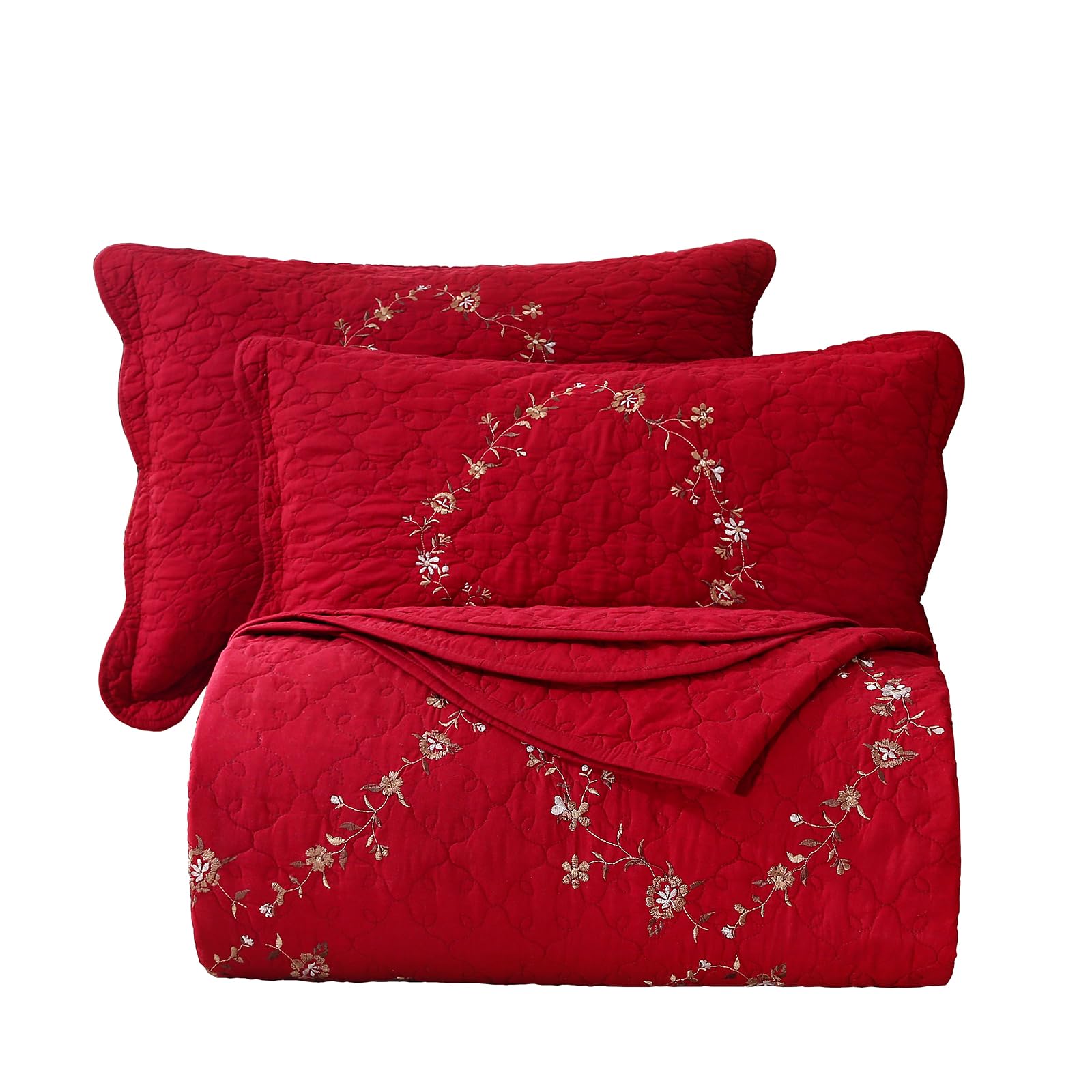 Photo 1 of vctops 3-Piece Floral Embroidered Bedspread Coverlet Set Oversized Queen 100% Cotton Reversible Patchwork 1 Quilt and 2 Pillow Shams (Red,Oversize Queen)