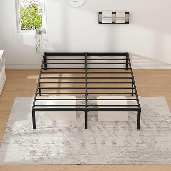 NEW JETO METAL BED FRAME,QUEEN SIZE BED FRAME WITH STORAGE SPACE,HEAVY DUTY STURDY MATTRESS FOUNDATION,EASY ASSEMBLY,NO BOX SPRING NEEDED, BLACK,14 INCH,QUEEN