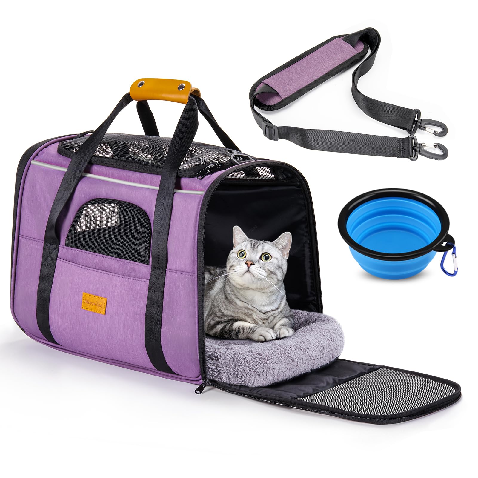 Morpilot Cat Carrier - Soft Sided Cat Carrier Large for Big Medium Cats and Puppy up to 18lbs, Pet Carrier with Safety Zippers, Foldable Bowl, Airline Approved Large Dog Carrier - Purple Image Morpilot Cat Carrier - Soft Sided Cat Carrier Large for Big Medium Cats and Puppy up to 18lbs, Pet Carrier with Safety Zippers, Foldable Bowl, Airline Approved Large Dog Carrier - Purple Image
