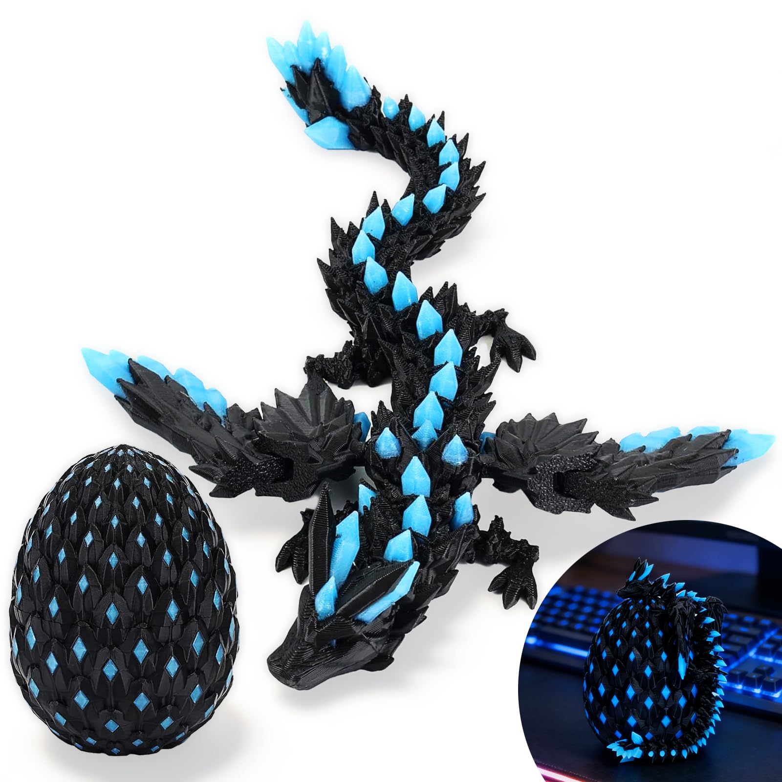 Shangkanlan 3D Printed Dragon in Egg - Fully Articulated Crystal Figurine for Christmas Easter Birthdays, Executive Desk Decor (Starry Sky Blue) — image 1