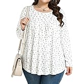 JULYCLO Plus Size Womens Tops Casual Tunic Pleated Blouses Long Sleeve Crew Neck Loose Fit Fall Fashion Shirts 1X-5X