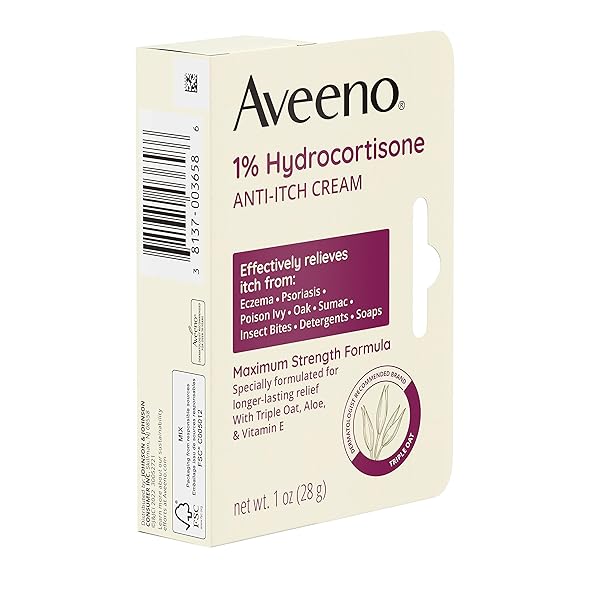AVEENO MAXIMUM STRENGTH 1% HYDROCORTISONE ANTI-ITCH CREAM, TRIPLE OAT, ALOE & VITAMIN E FOR ITCH RELIEF FROM ECZEMA, PSORIASIS, INSECT BITES, POISON IVY, OAK & SUMAC & DETERGENTS, 1 OZ