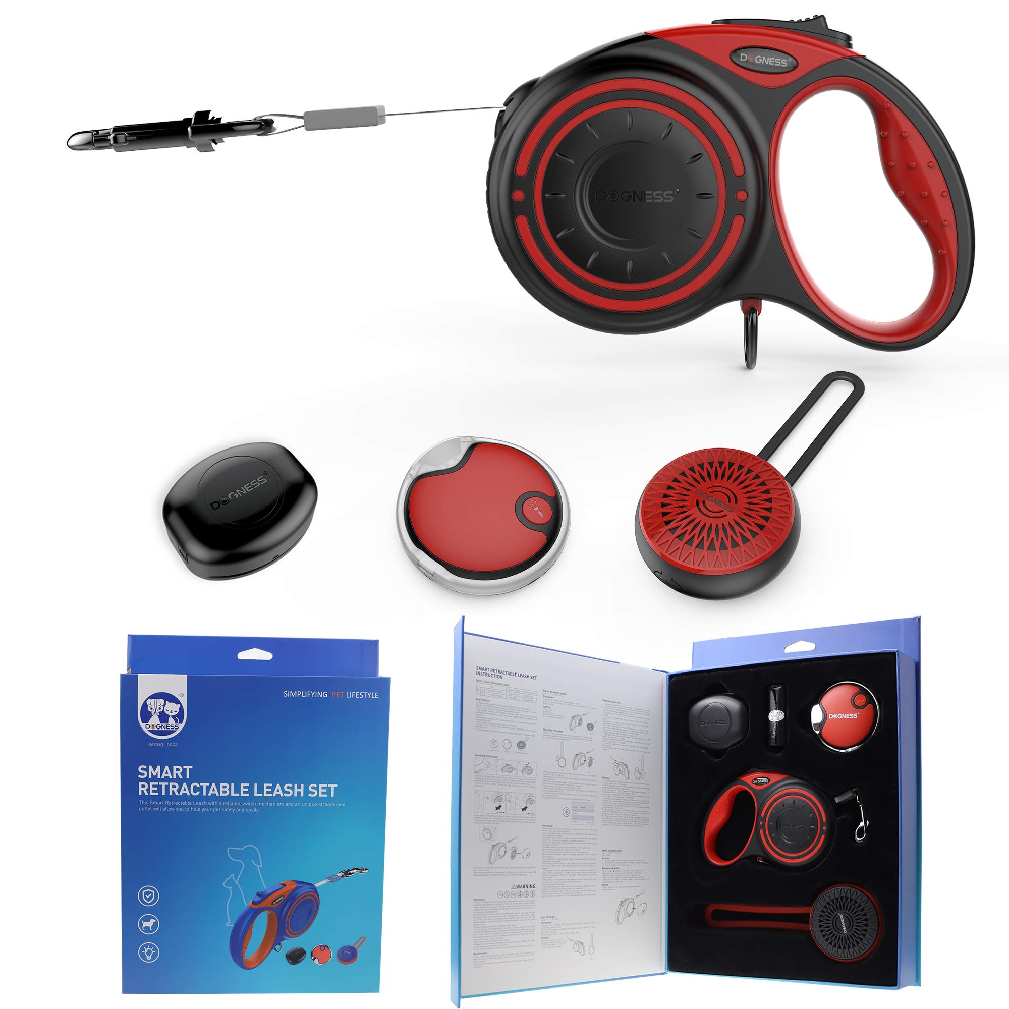 DOGNESS Retractable Leash Package - one Wireless Speaker for Retractable Leash, one LED Light, one Convenience Box, Good Gift Christmas, Holidays Parties (4M, Bright Red)