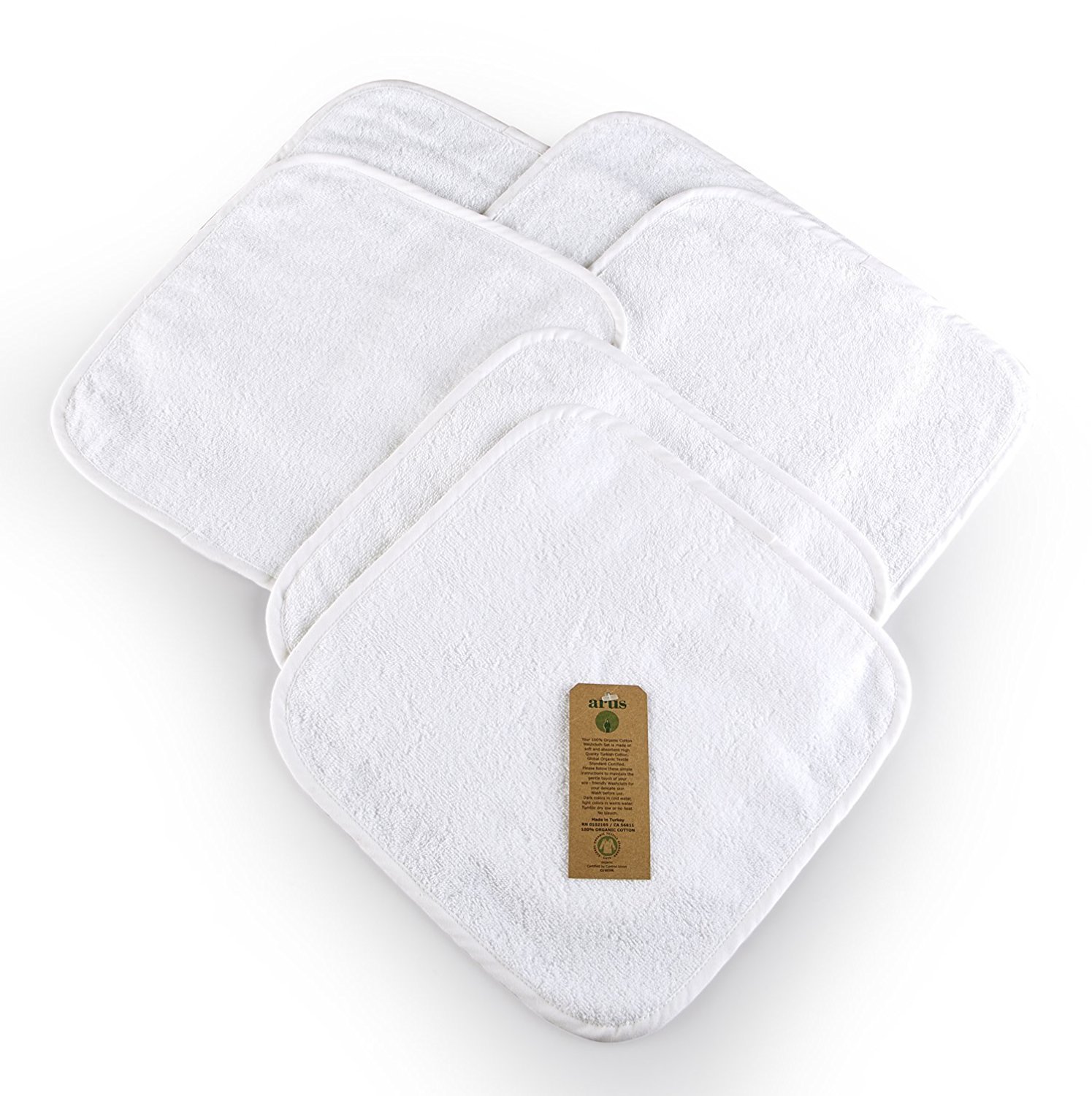 Arus Baby Organic Turkish Cotton Terry Washcloths, 6 Pack, 12"x12", White