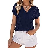 PRETTYGARDEN Blouses for Women Dressy Casual Spring 2026 Cap Sleeve V Neck Lace Trim Boho Tops Work Shirts Summer Clothes