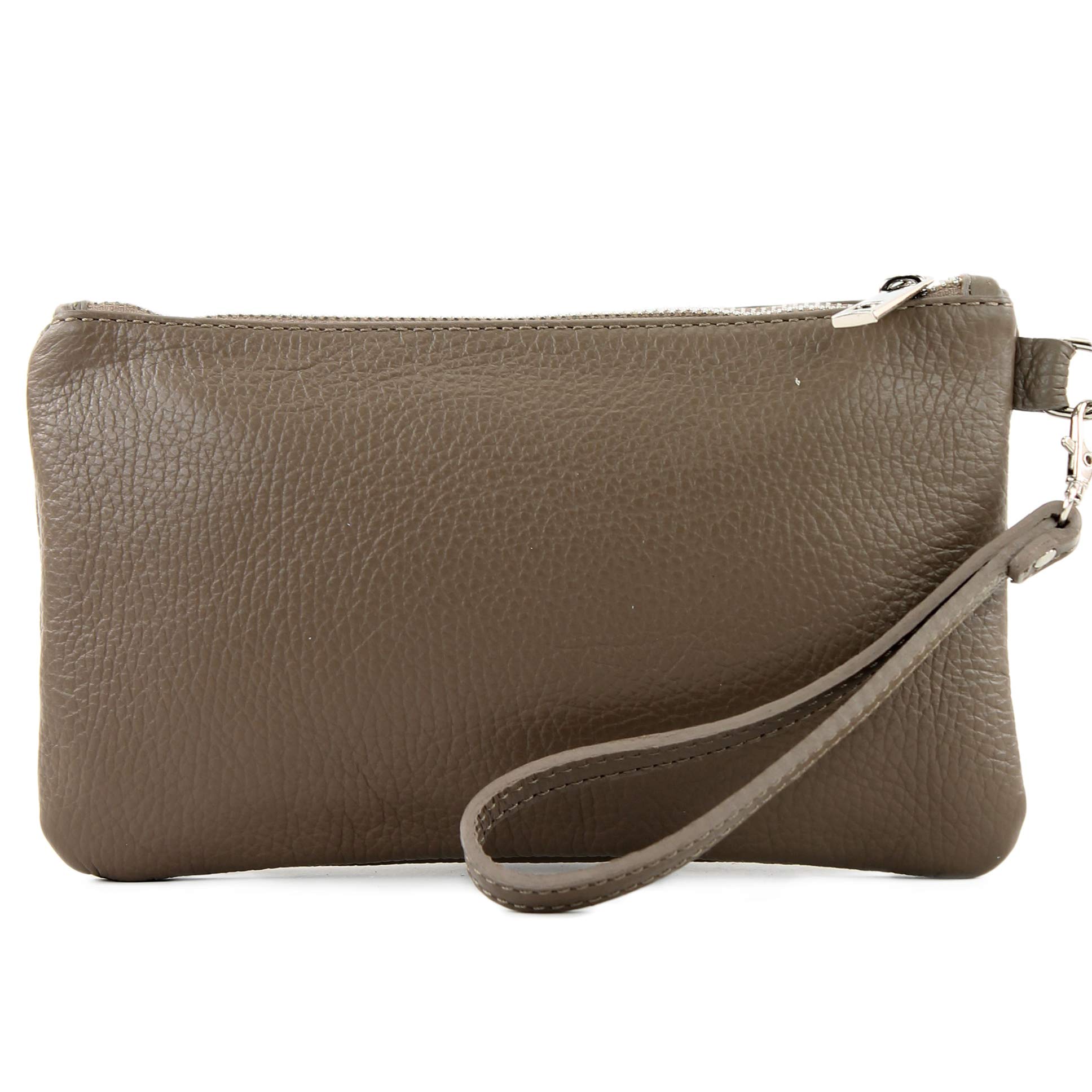 modamoda de - T193 - Italian Clutch/Wristbag Leather Small Bags, Ladies Bags, Colour:Taupe