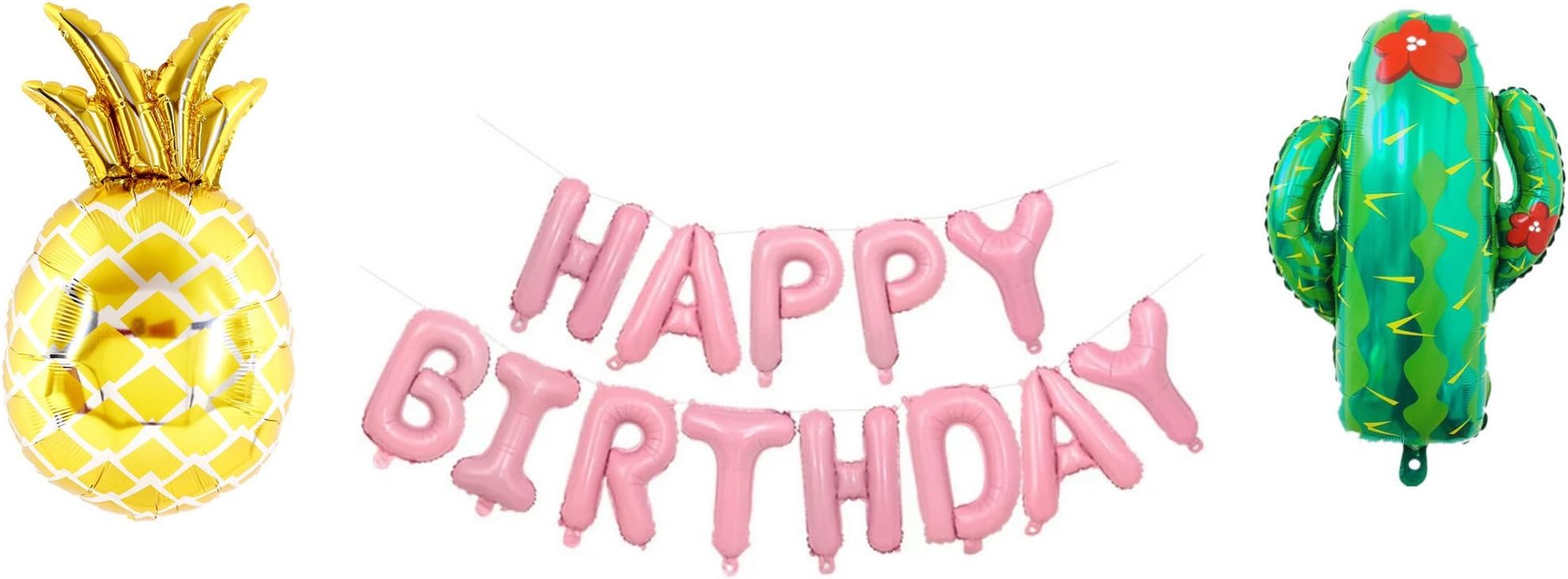 Hoocozi Aluminum Foil Happy Birthday Balloons Kit - Pink"HAPPY BIRTHDAY" Characters, a Golden Pineapple and a Green Cactus, 1set, Assorted Color